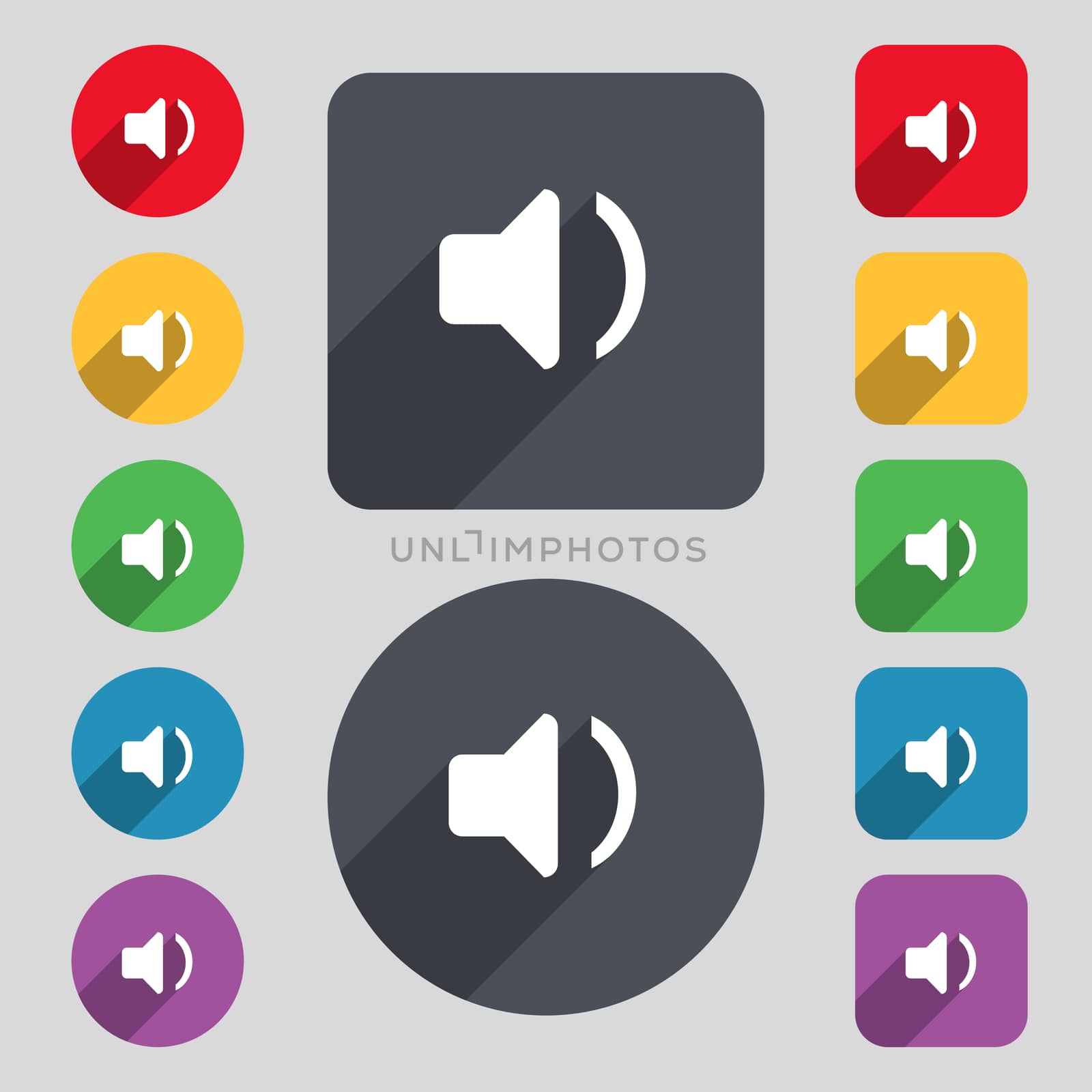 Speaker volume, Sound icon sign. A set of 12 colored buttons and a long shadow. Flat design. illustration