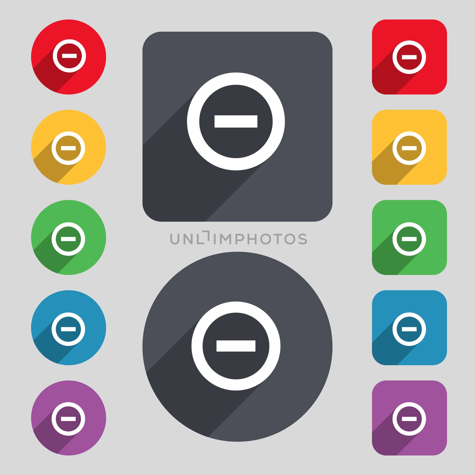 Minus, Negative, zoom, stop icon sign. A set of 12 colored buttons and a long shadow. Flat design.  by serhii_lohvyniuk
