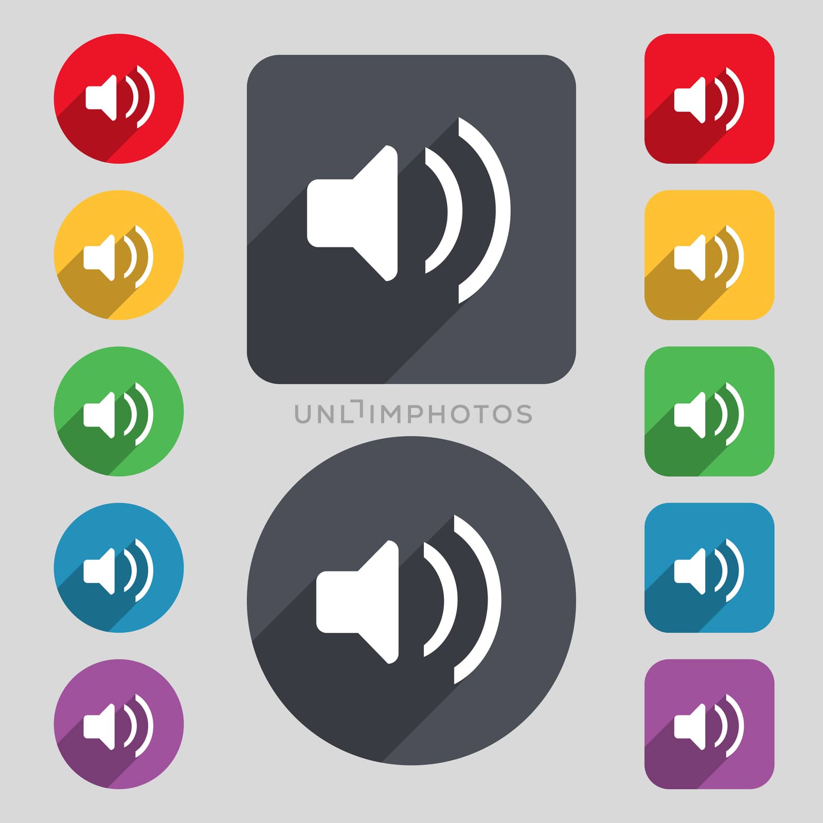 Speaker volume, Sound icon sign. A set of 12 colored buttons and a long shadow. Flat design.  by serhii_lohvyniuk
