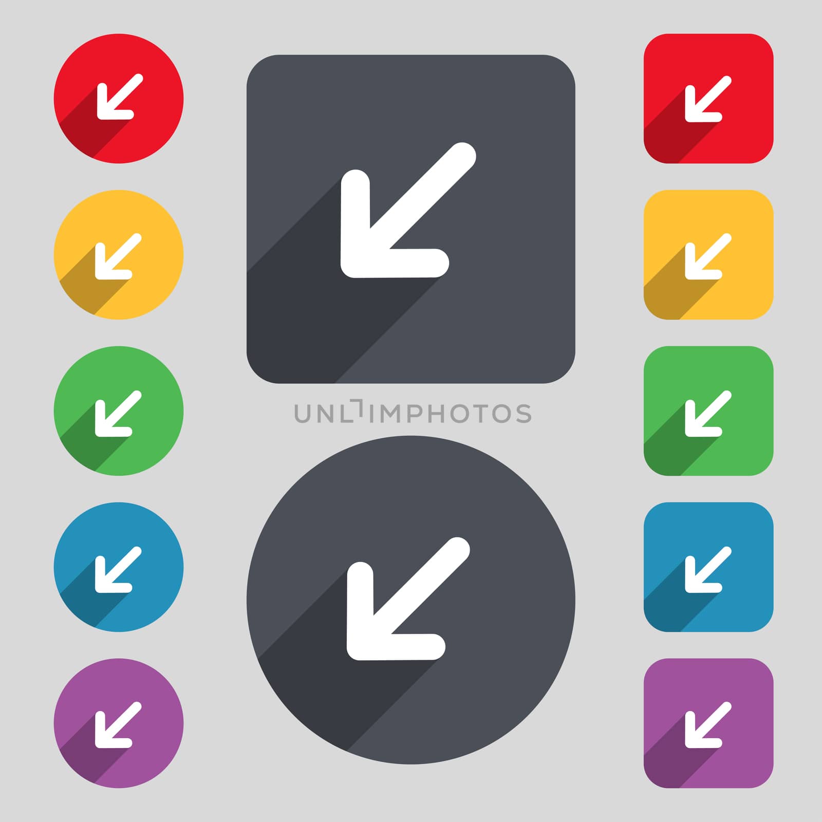 turn to full screenicon sign. A set of 12 colored buttons and a long shadow. Flat design. illustration