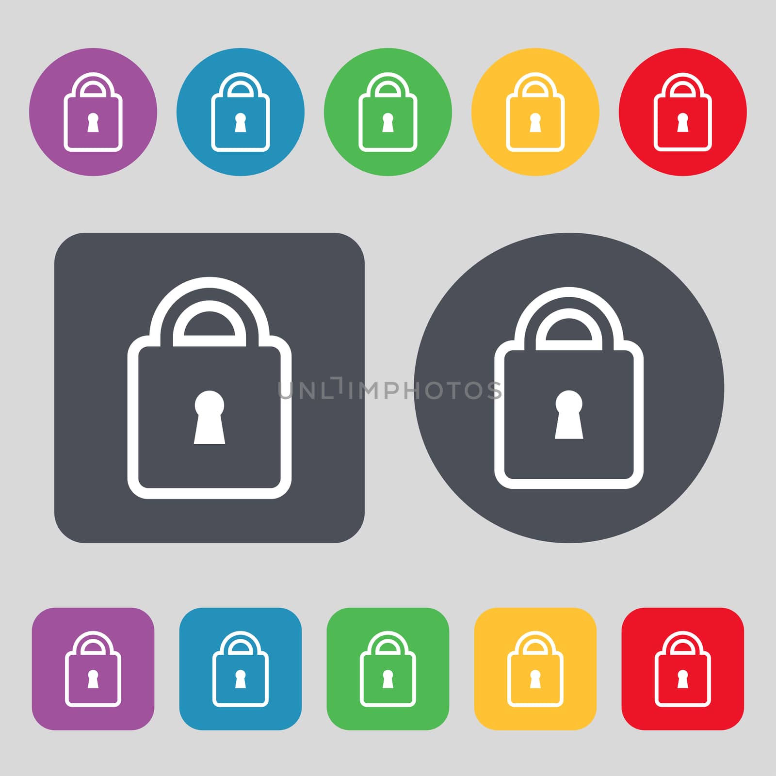 Lock icon sign. A set of 12 colored buttons. Flat design. illustration