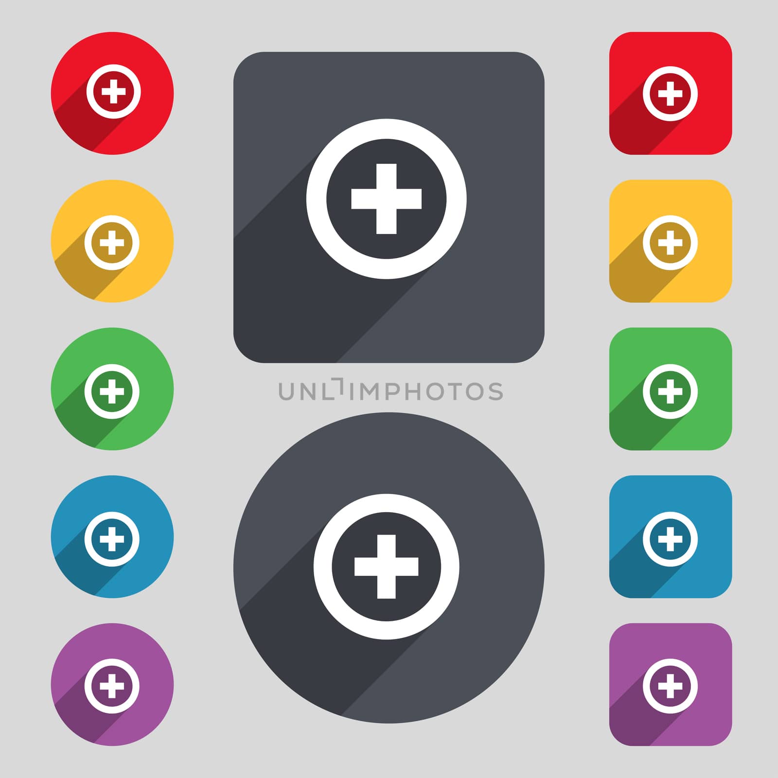 Plus, Positive icon sign. A set of 12 colored buttons and a long shadow. Flat design.  by serhii_lohvyniuk