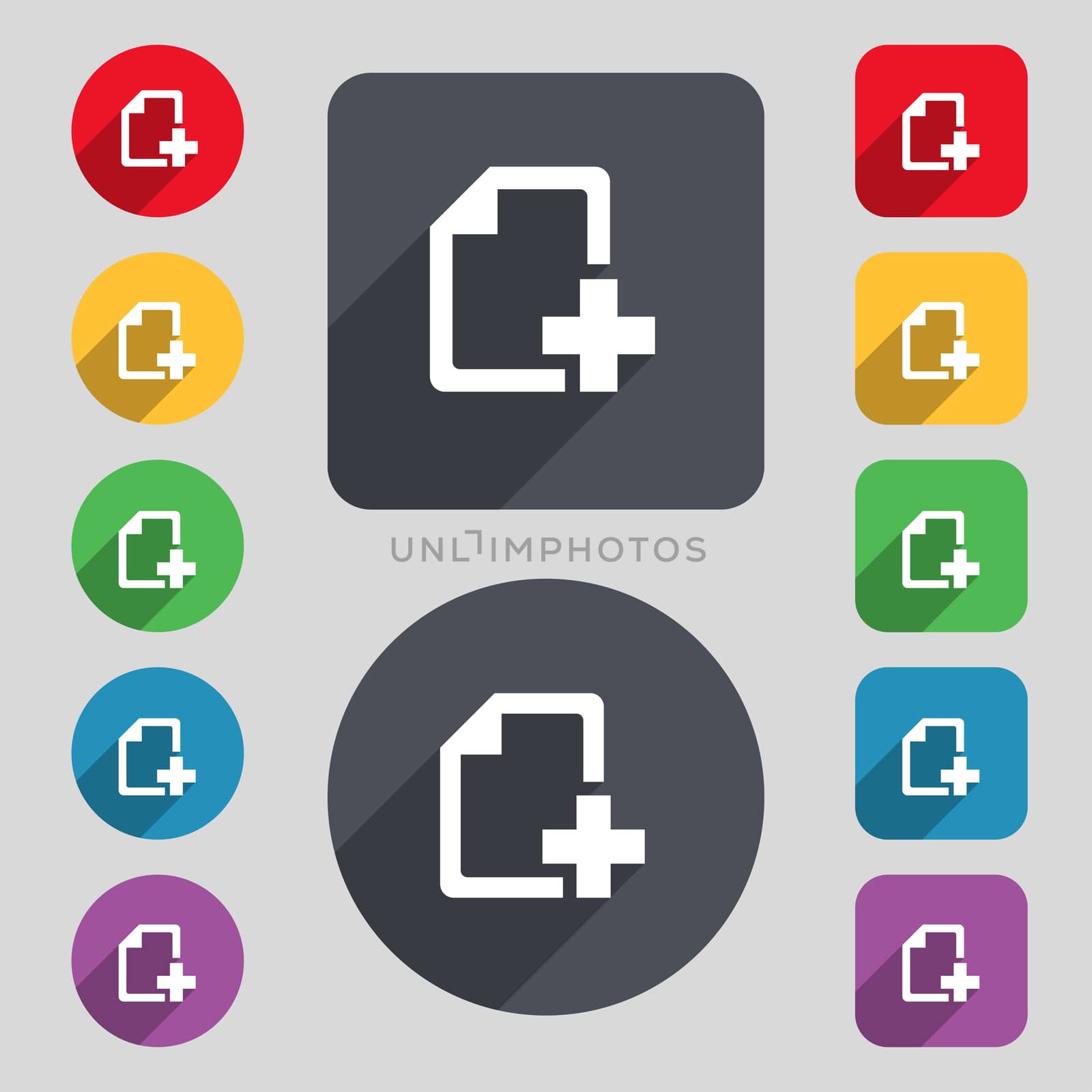 Add File document icon sign. A set of 12 colored buttons and a long shadow. Flat design.  by serhii_lohvyniuk