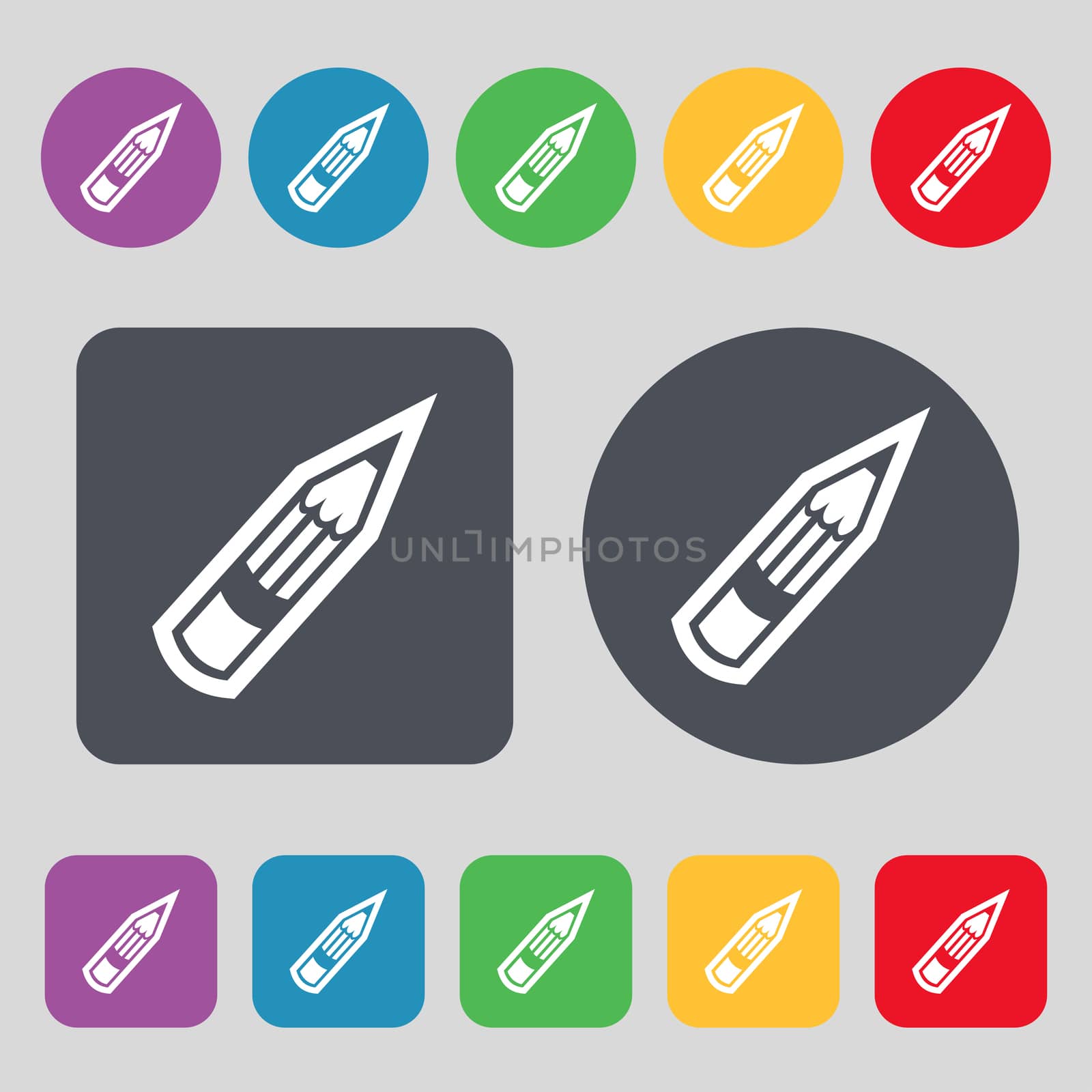 Pencil icon sign. A set of 12 colored buttons. Flat design. illustration