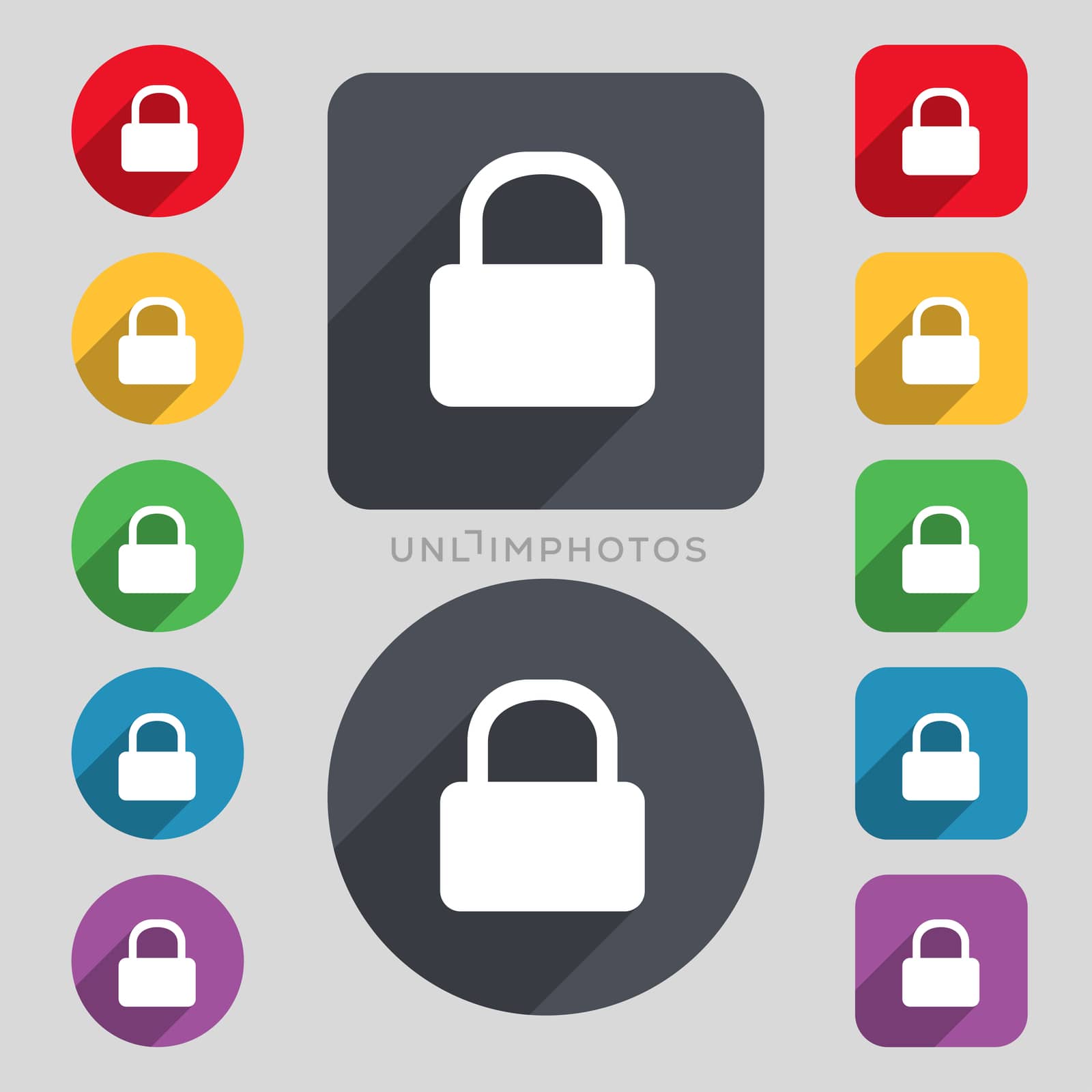 Pad Lock icon sign. A set of 12 colored buttons and a long shadow. Flat design.  by serhii_lohvyniuk