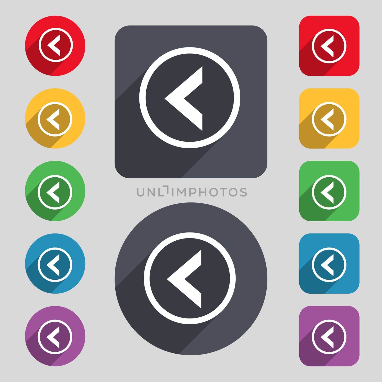 Arrow left, Way out icon sign. A set of 12 colored buttons and a long shadow. Flat design.  by serhii_lohvyniuk