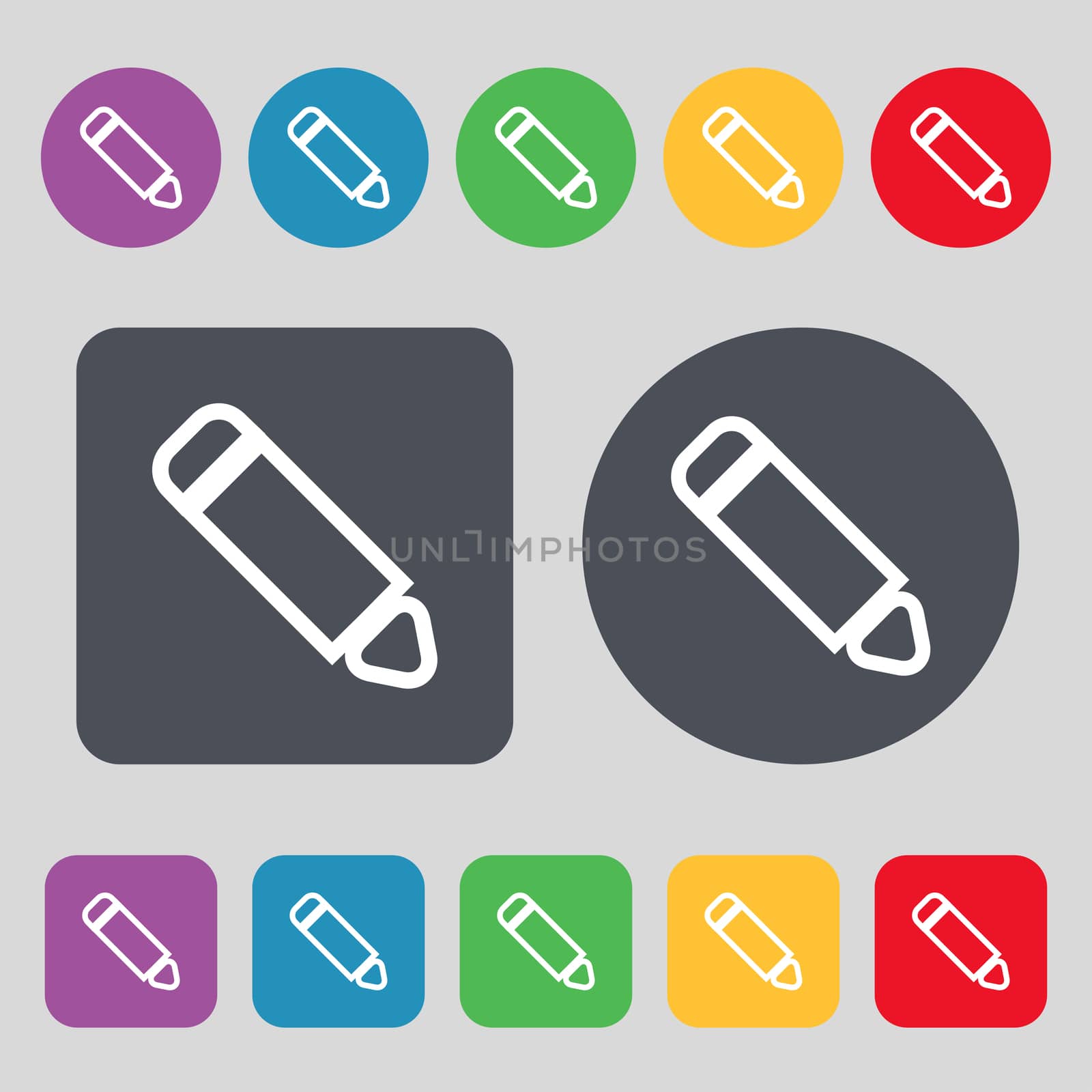 Pen icon sign. A set of 12 colored buttons. Flat design. illustration