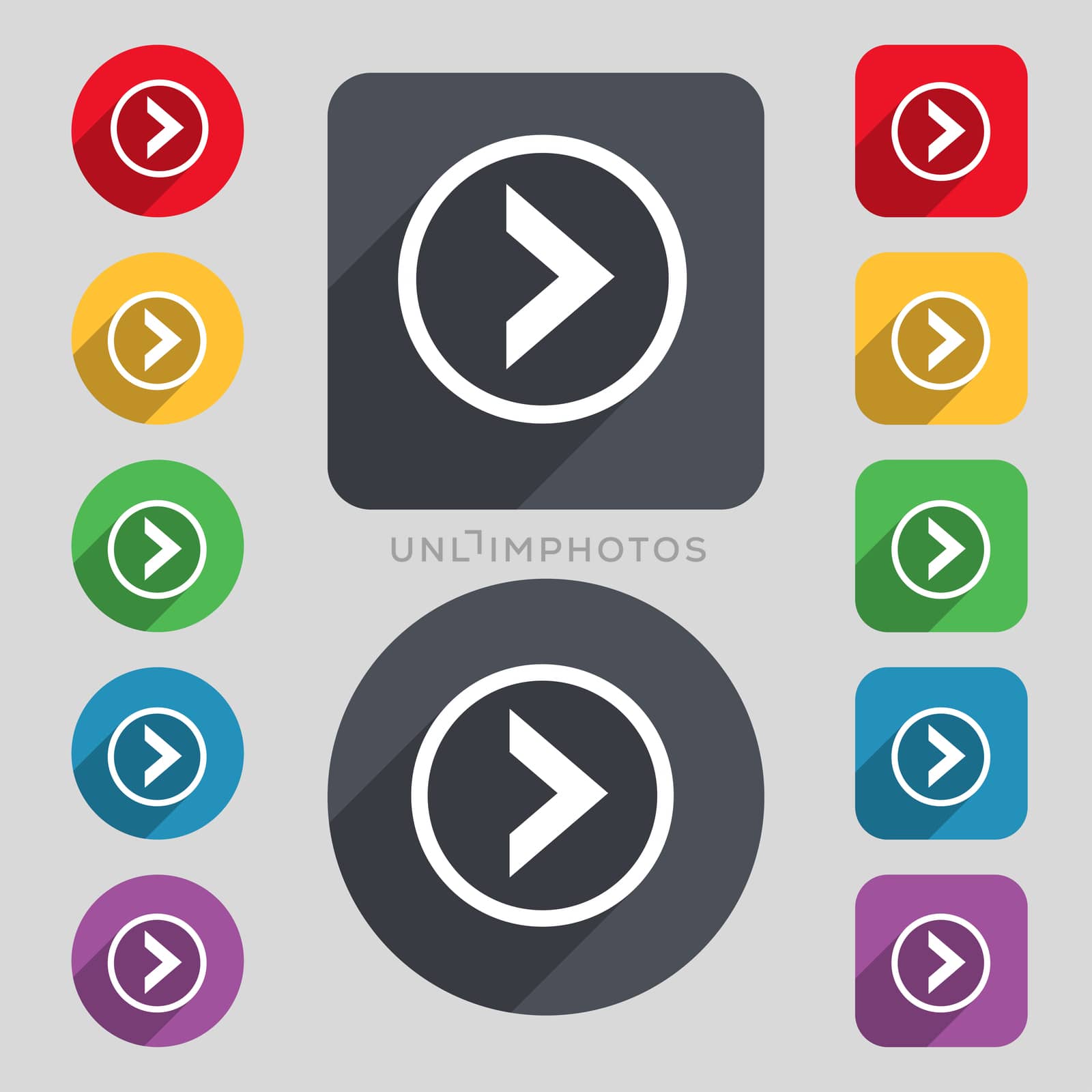 Arrow right, Next icon sign. A set of 12 colored buttons and a long shadow. Flat design.  by serhii_lohvyniuk