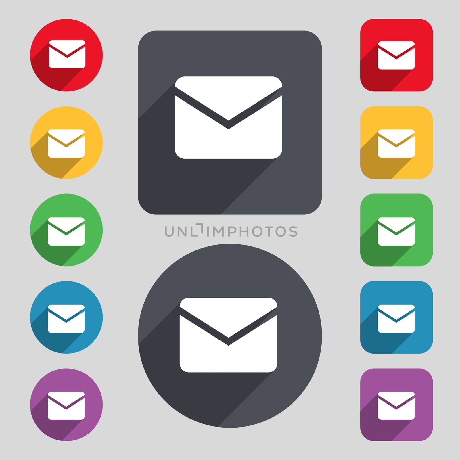 Mail, Envelope, Message icon sign. A set of 12 colored buttons and a long shadow. Flat design.  by serhii_lohvyniuk