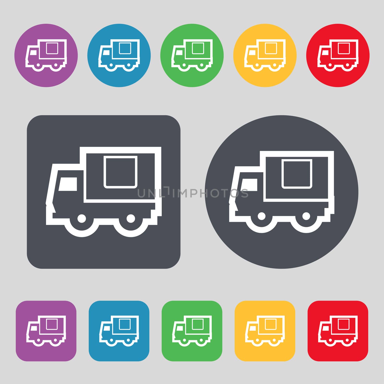 Delivery truck icon sign. A set of 12 colored buttons. Flat design. illustration