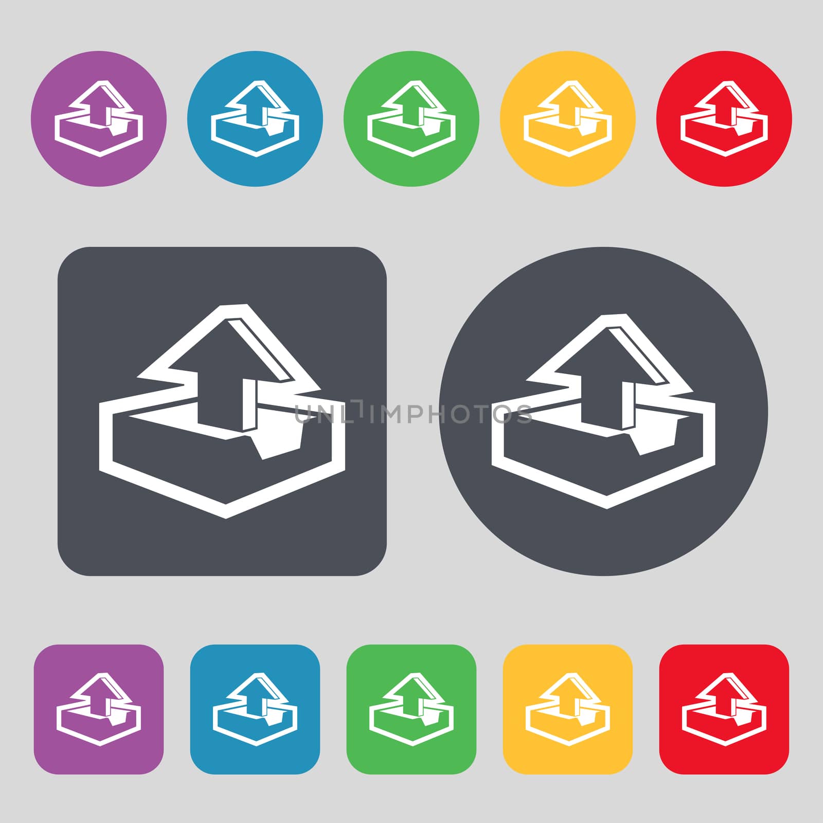 Upload icon sign. A set of 12 colored buttons. Flat design.  by serhii_lohvyniuk