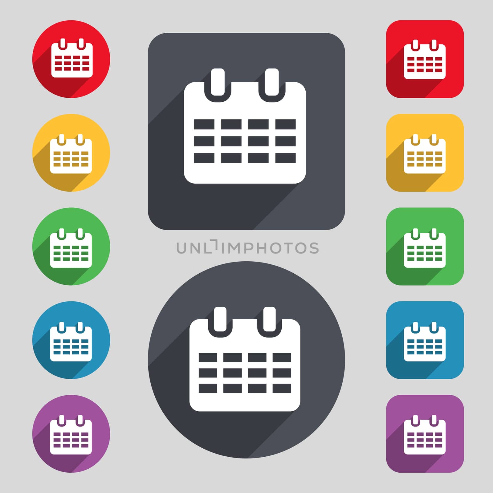  Calendar, Date or event reminder icon sign. A set of 12 colored buttons and a long shadow. Flat design.  by serhii_lohvyniuk