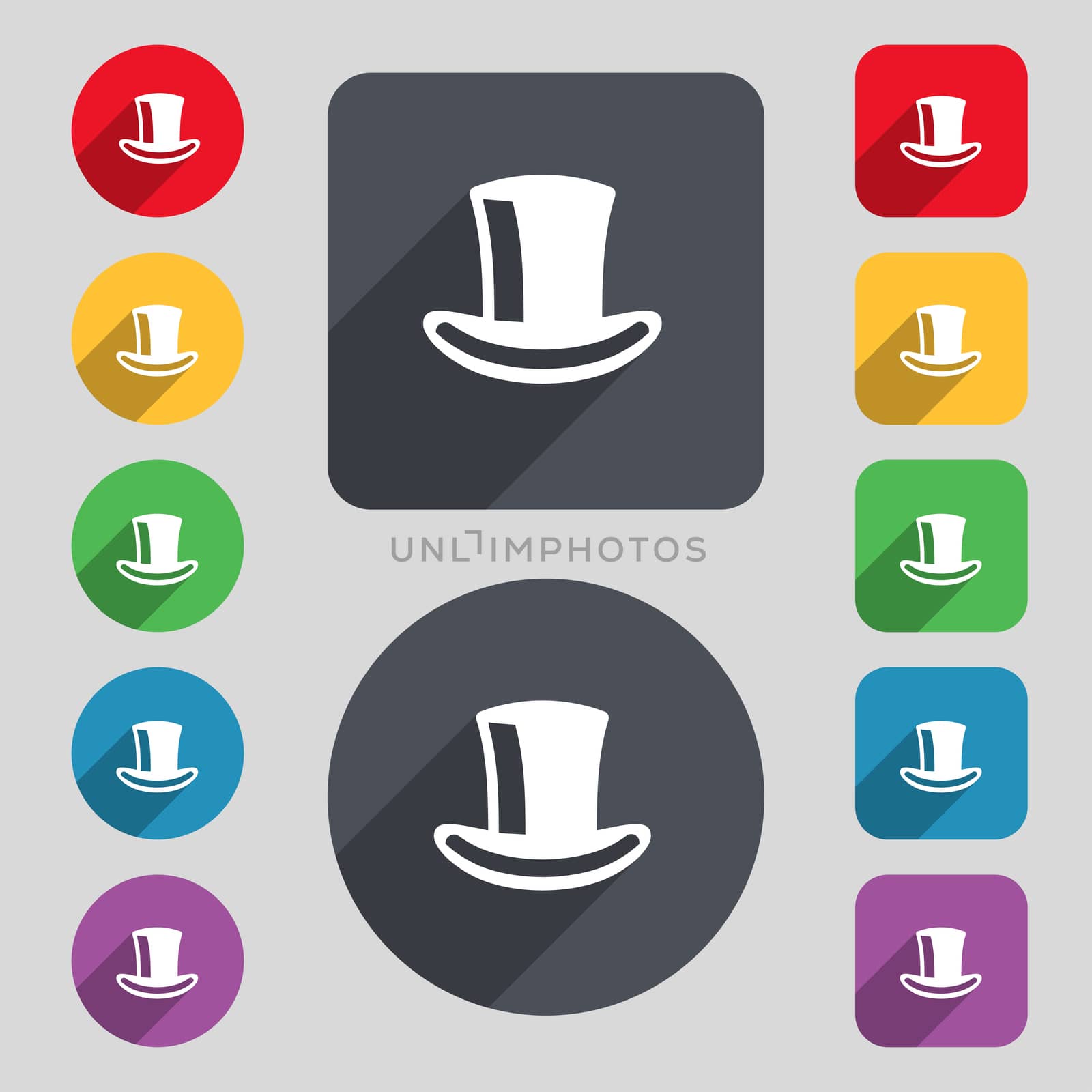 cylinder hat icon sign. A set of 12 colored buttons and a long shadow. Flat design.  by serhii_lohvyniuk