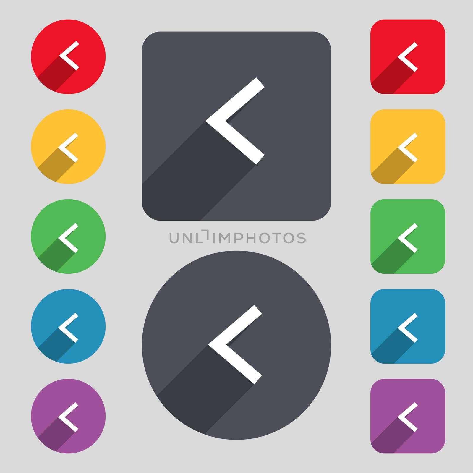 Arrow left, Way out icon sign. A set of 12 colored buttons and a long shadow. Flat design. illustration