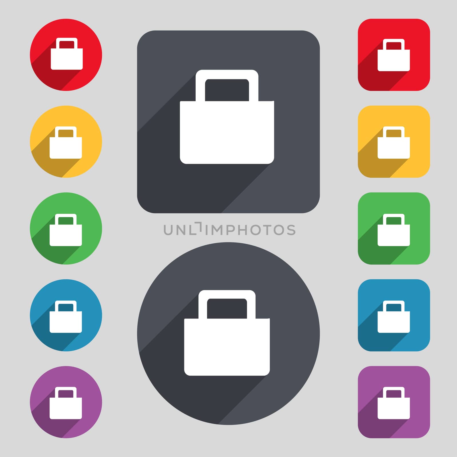 sale bag icon sign. A set of 12 colored buttons and a long shadow. Flat design.  by serhii_lohvyniuk