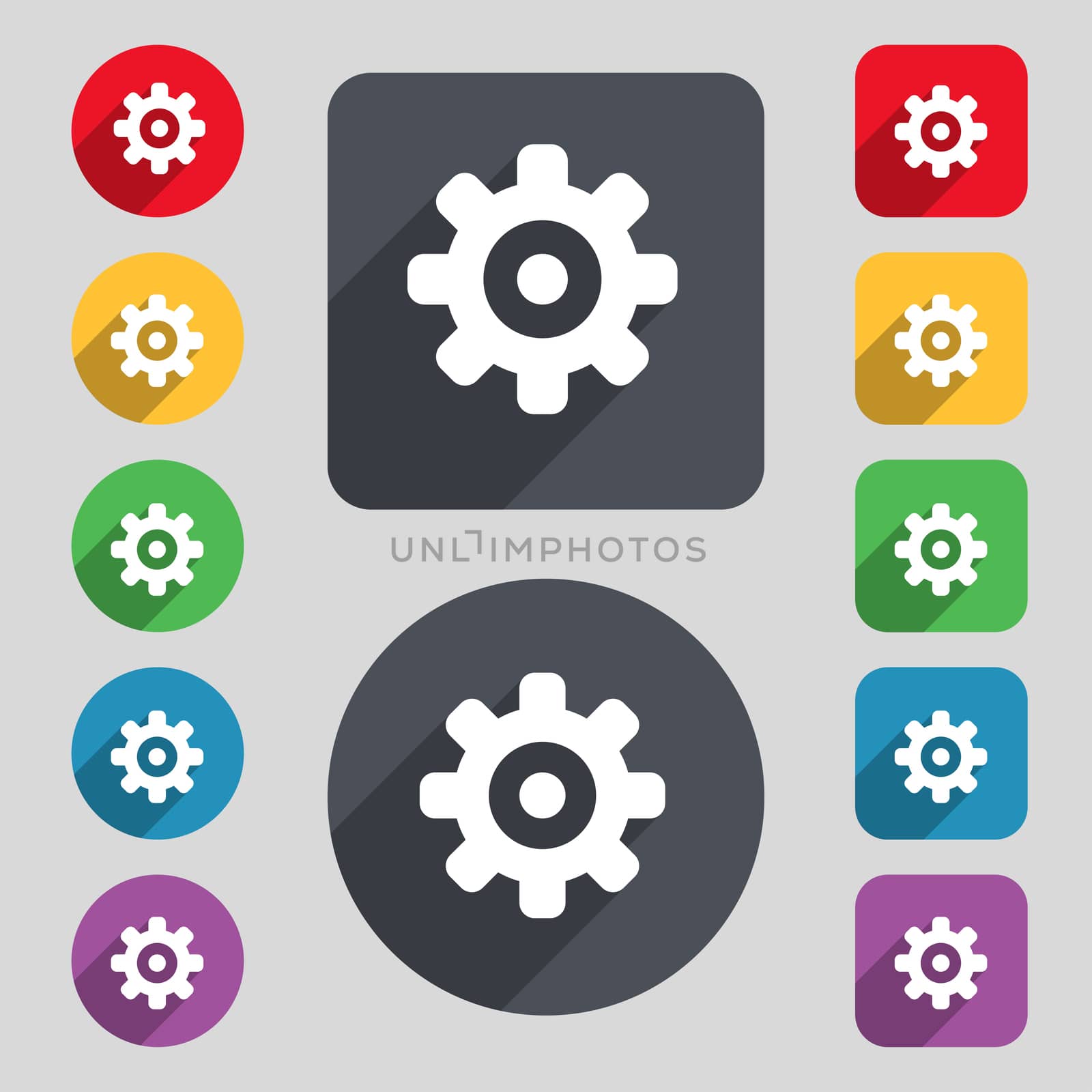 Cog settings, Cogwheel gear mechanism icon sign. A set of 12 colored buttons and a long shadow. Flat design. illustration