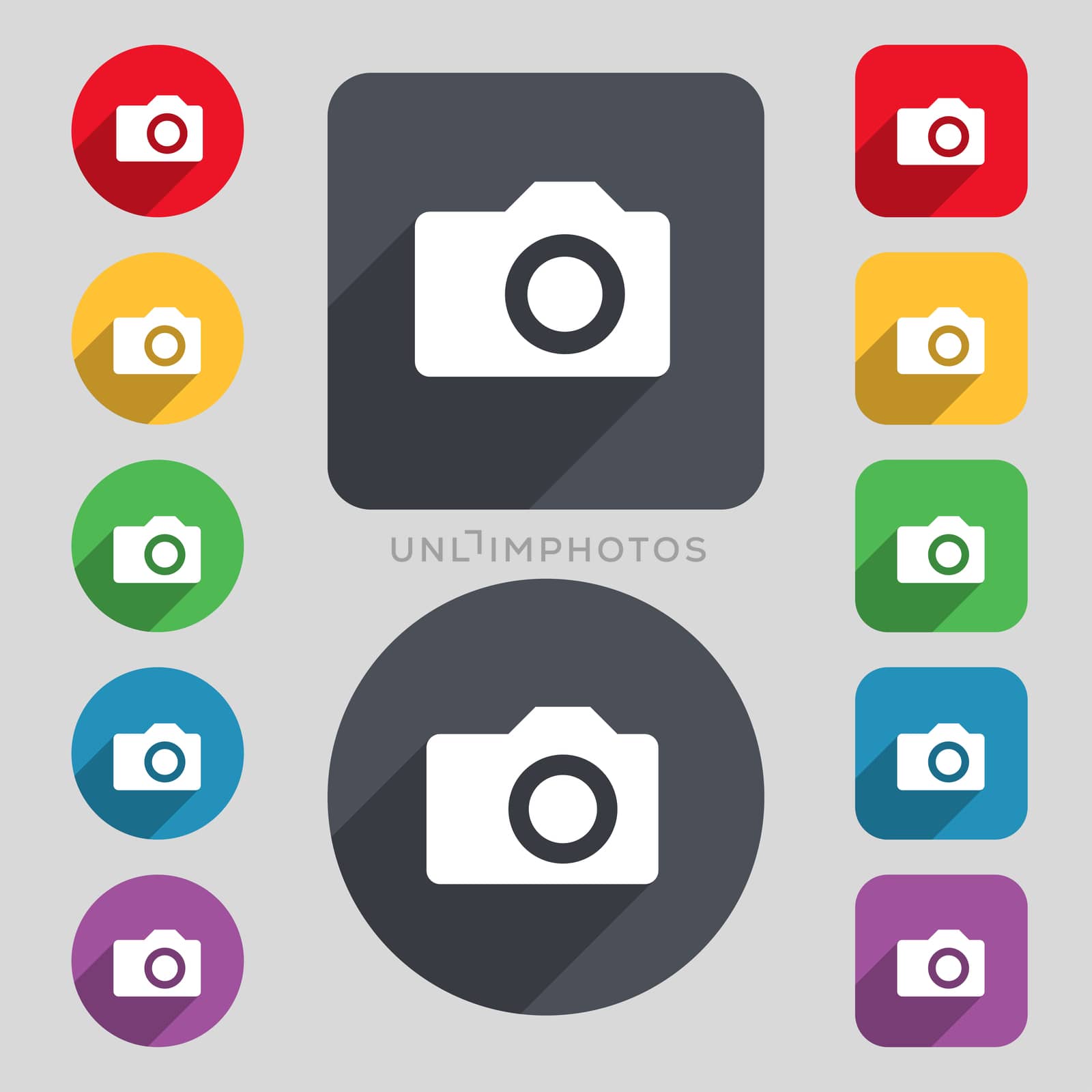 Digital photo camera icon sign. A set of 12 colored buttons and a long shadow. Flat design. illustration