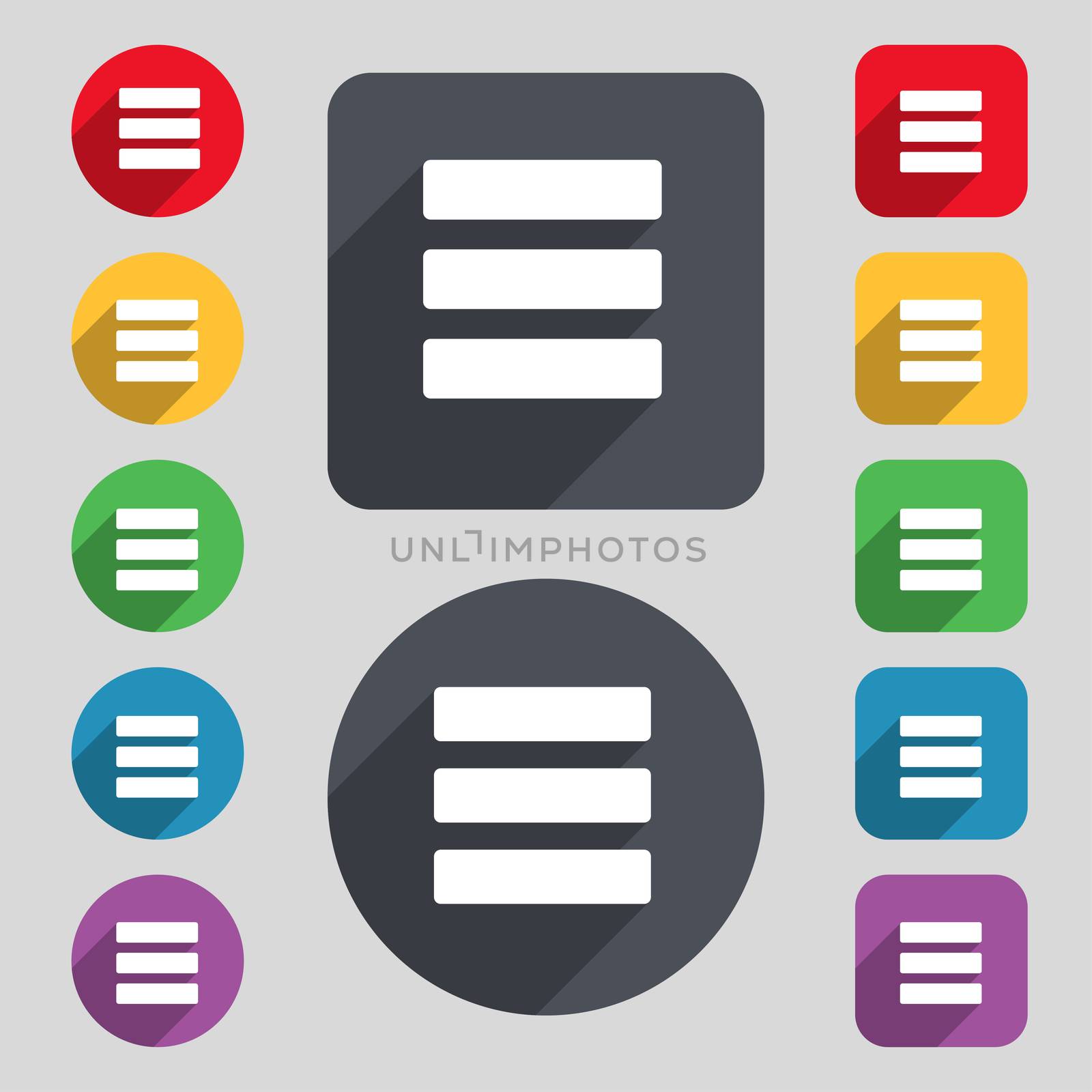 List menu, Content view options icon sign. A set of 12 colored buttons and a long shadow. Flat design. illustration