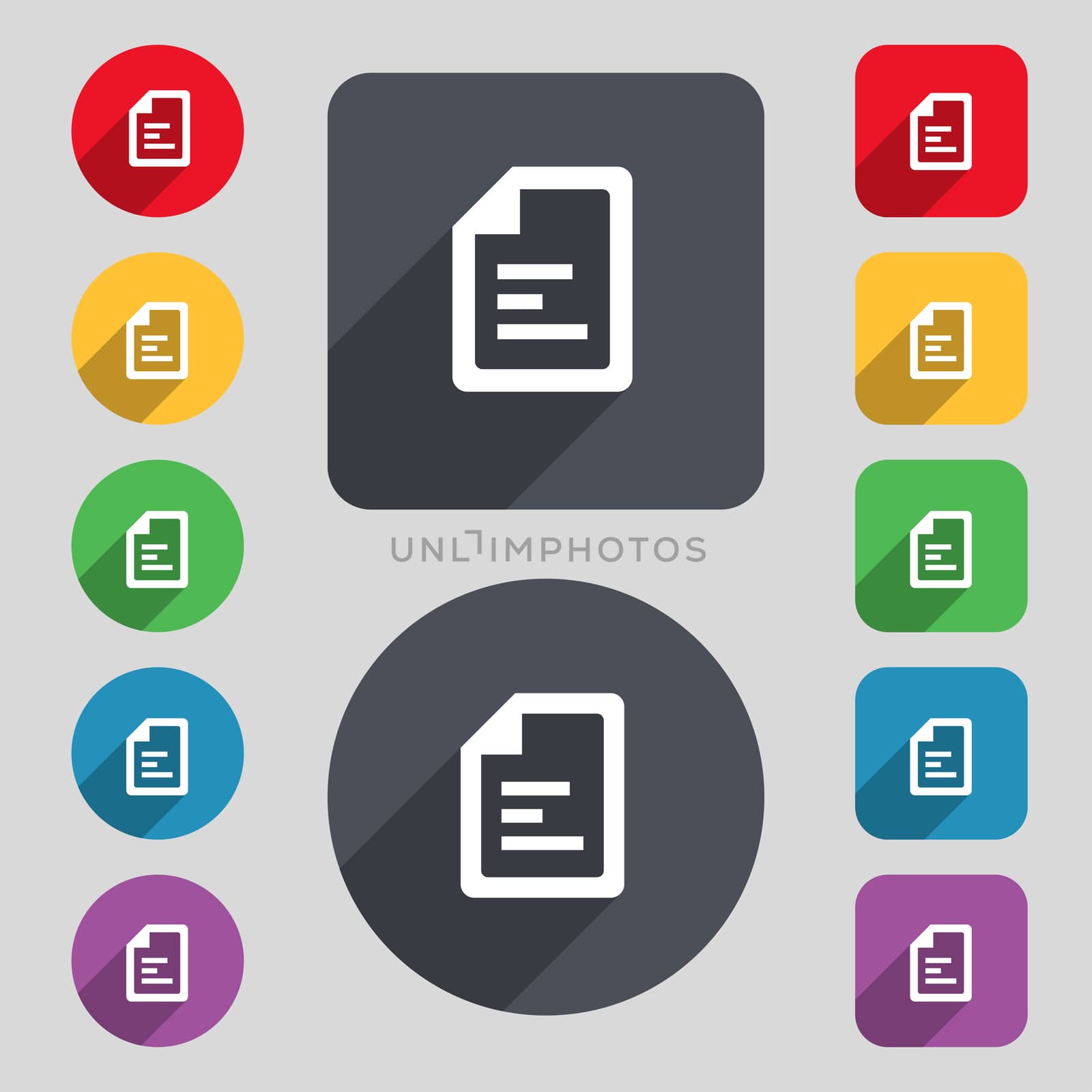 Text file icon sign. A set of 12 colored buttons and a long shadow. Flat design. illustration