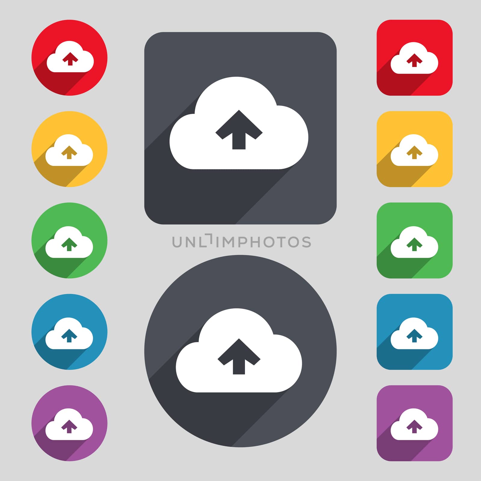 Upload from cloud icon sign. A set of 12 colored buttons and a long shadow. Flat design.  by serhii_lohvyniuk