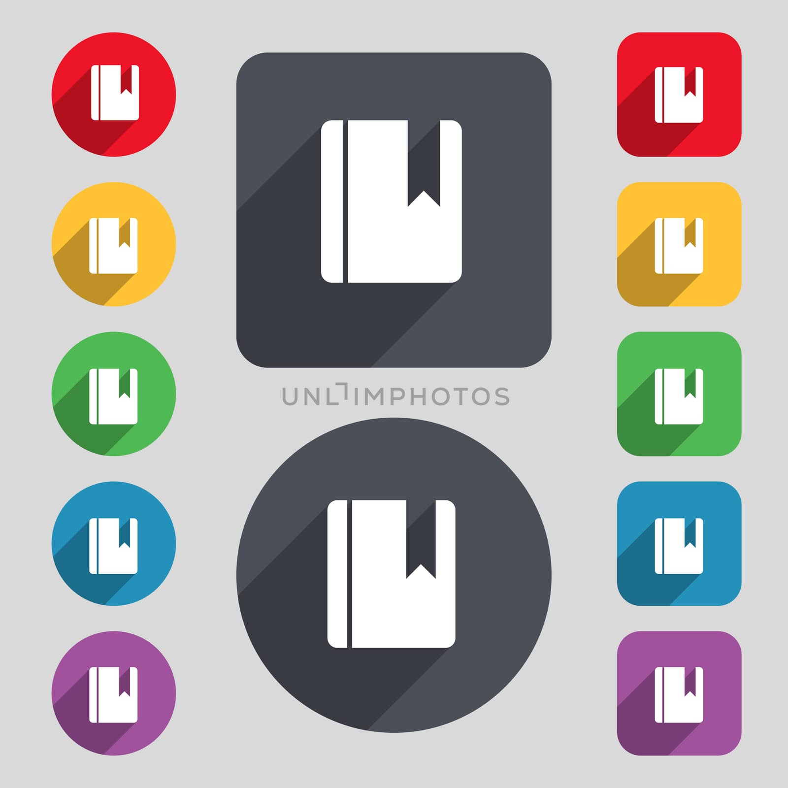 book bookmark icon sign. A set of 12 colored buttons and a long shadow. Flat design.  by serhii_lohvyniuk