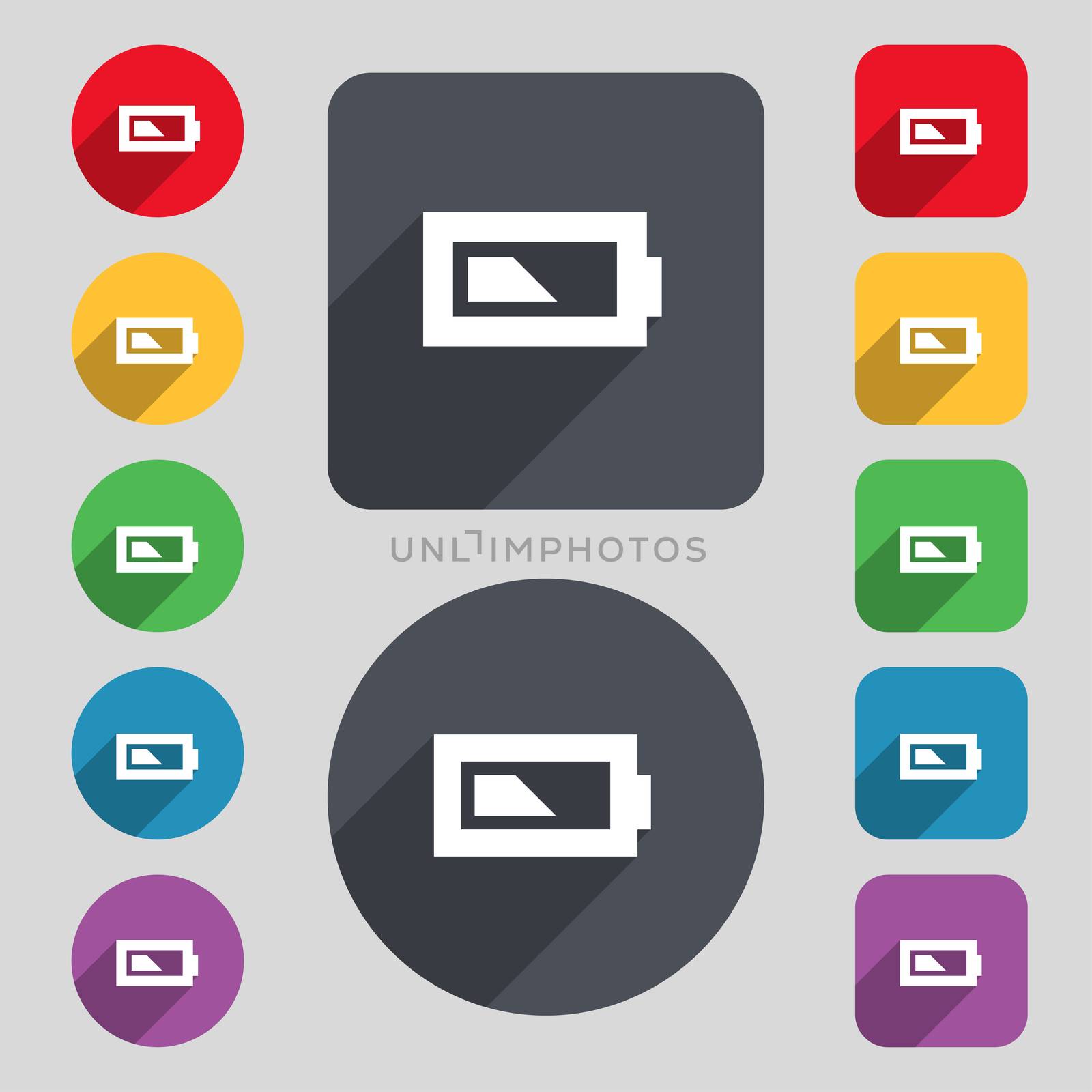 Battery half level icon sign. A set of 12 colored buttons and a long shadow. Flat design.  by serhii_lohvyniuk