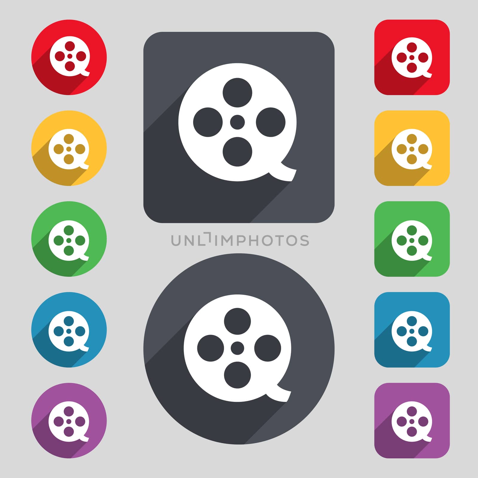 Film icon sign. A set of 12 colored buttons and a long shadow. Flat design.  by serhii_lohvyniuk