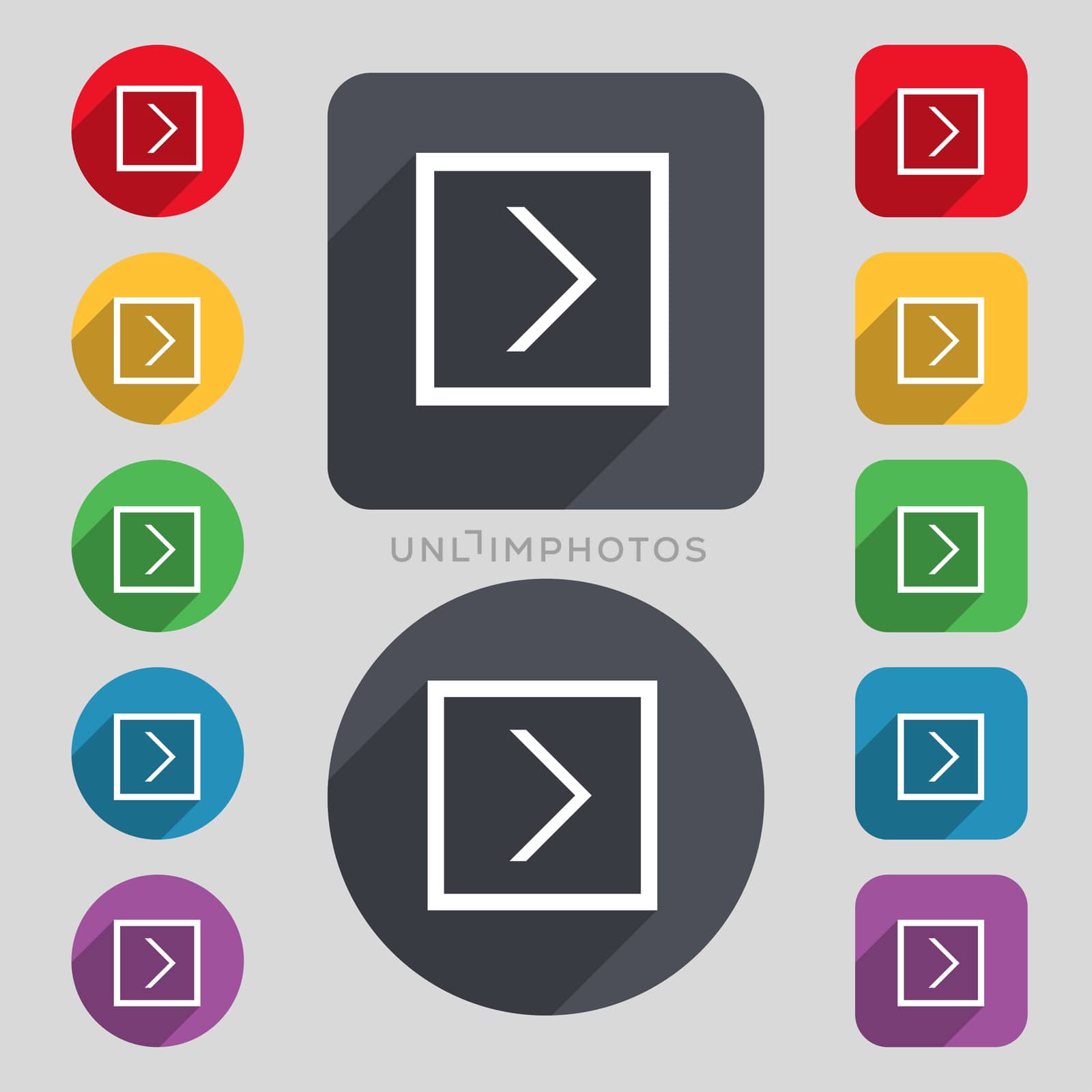 Arrow right, Next icon sign. A set of 12 colored buttons and a long shadow. Flat design.  by serhii_lohvyniuk