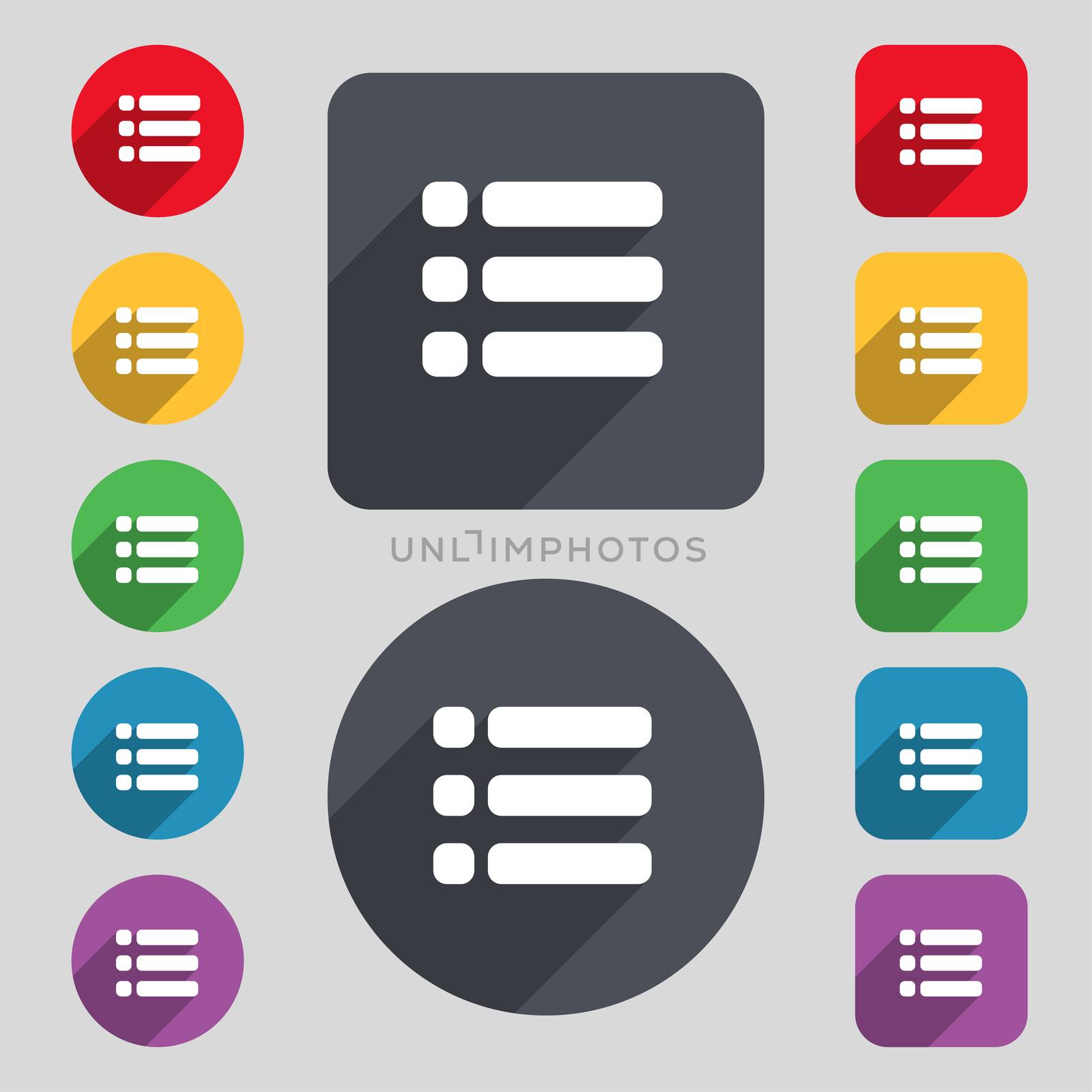 List menu, Content view options icon sign. A set of 12 colored buttons and a long shadow. Flat design.  by serhii_lohvyniuk