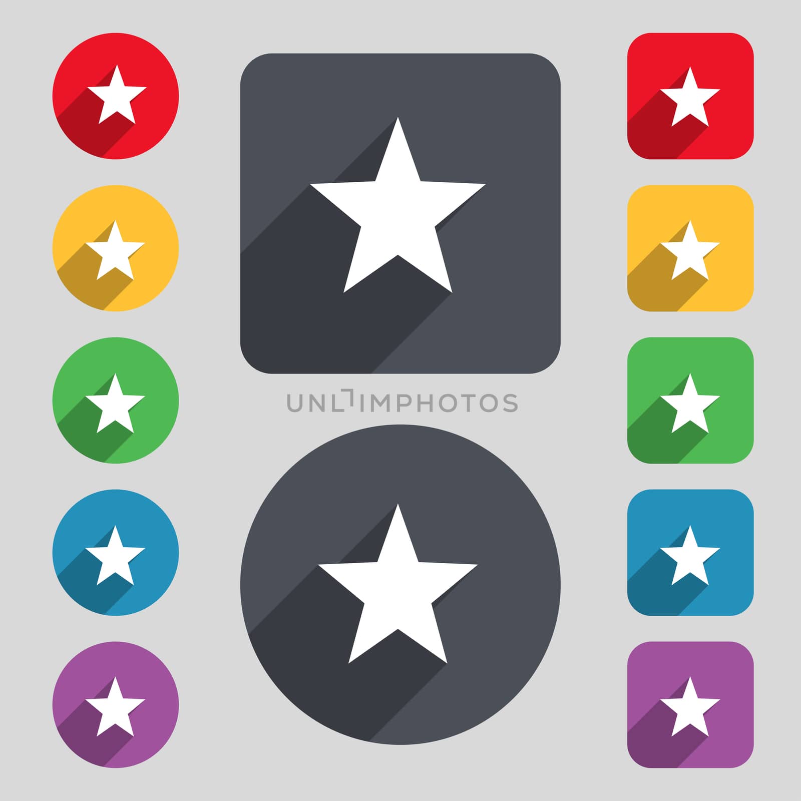 Star, Favorite icon sign. A set of 12 colored buttons and a long shadow. Flat design. illustration