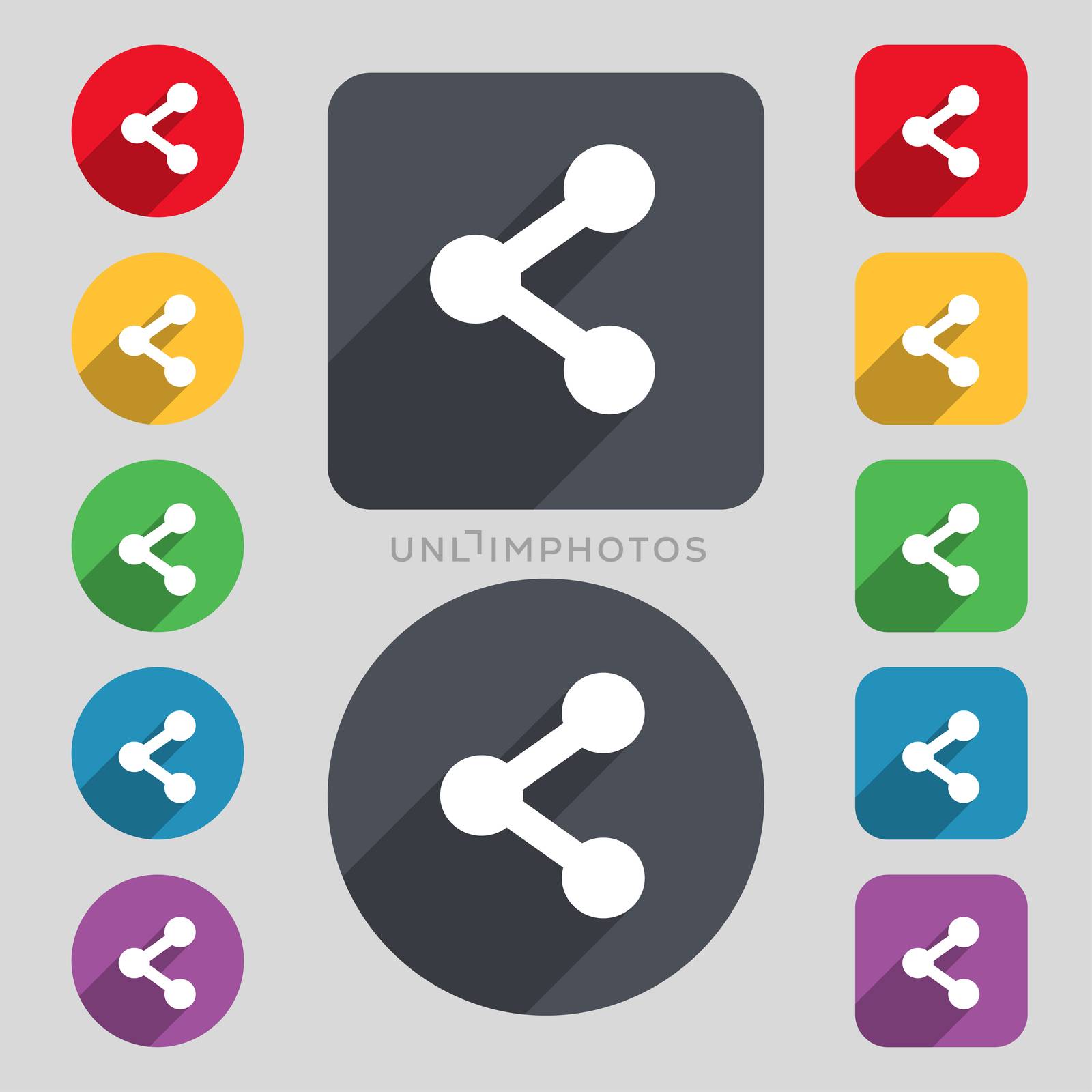 Share icon sign. A set of 12 colored buttons and a long shadow. Flat design. illustration