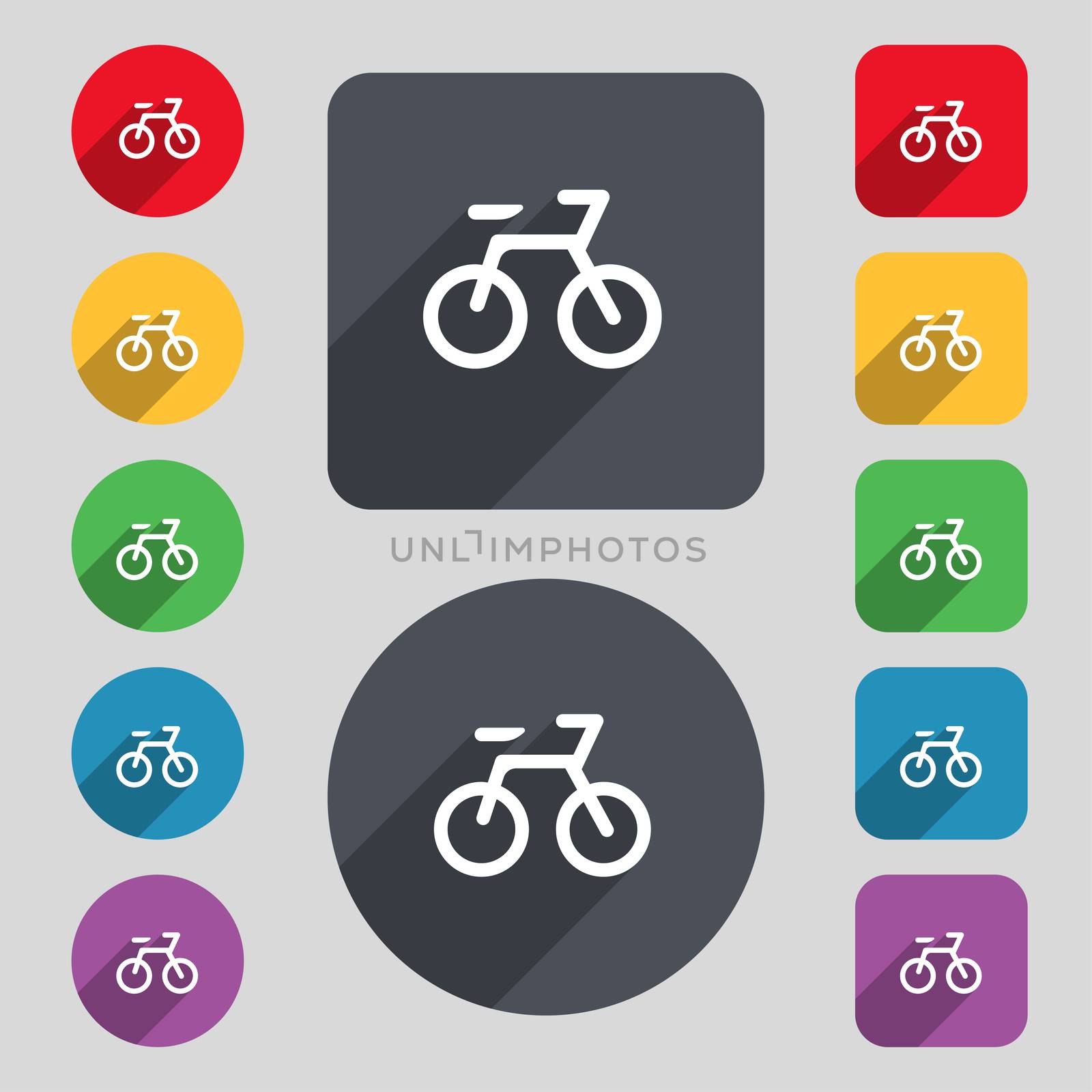 Bicycle icon sign. A set of 12 colored buttons and a long shadow. Flat design. illustration