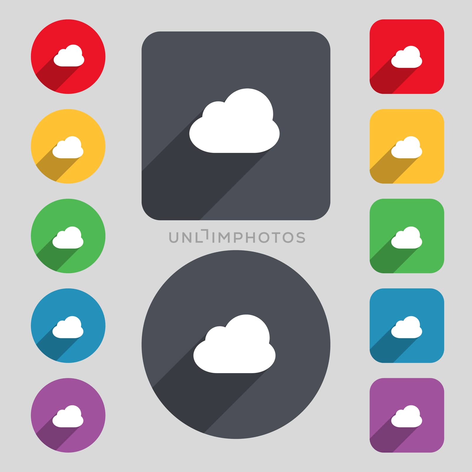 Cloud icon sign. A set of 12 colored buttons and a long shadow. Flat design.  by serhii_lohvyniuk