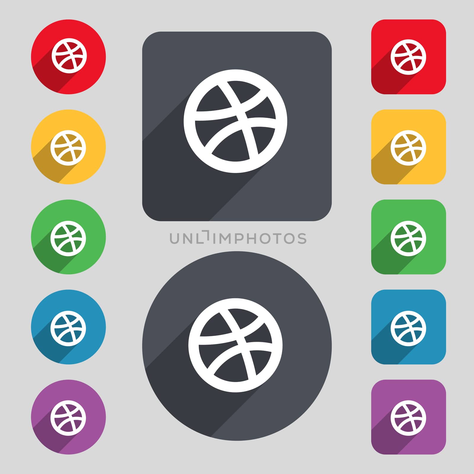 Basketball icon sign. A set of 12 colored buttons and a long shadow. Flat design. illustration