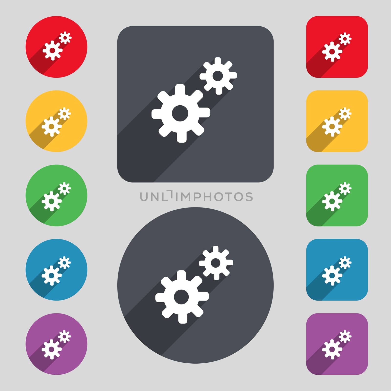 Cog settings, Cogwheel gear mechanism icon sign. A set of 12 colored buttons and a long shadow. Flat design. illustration