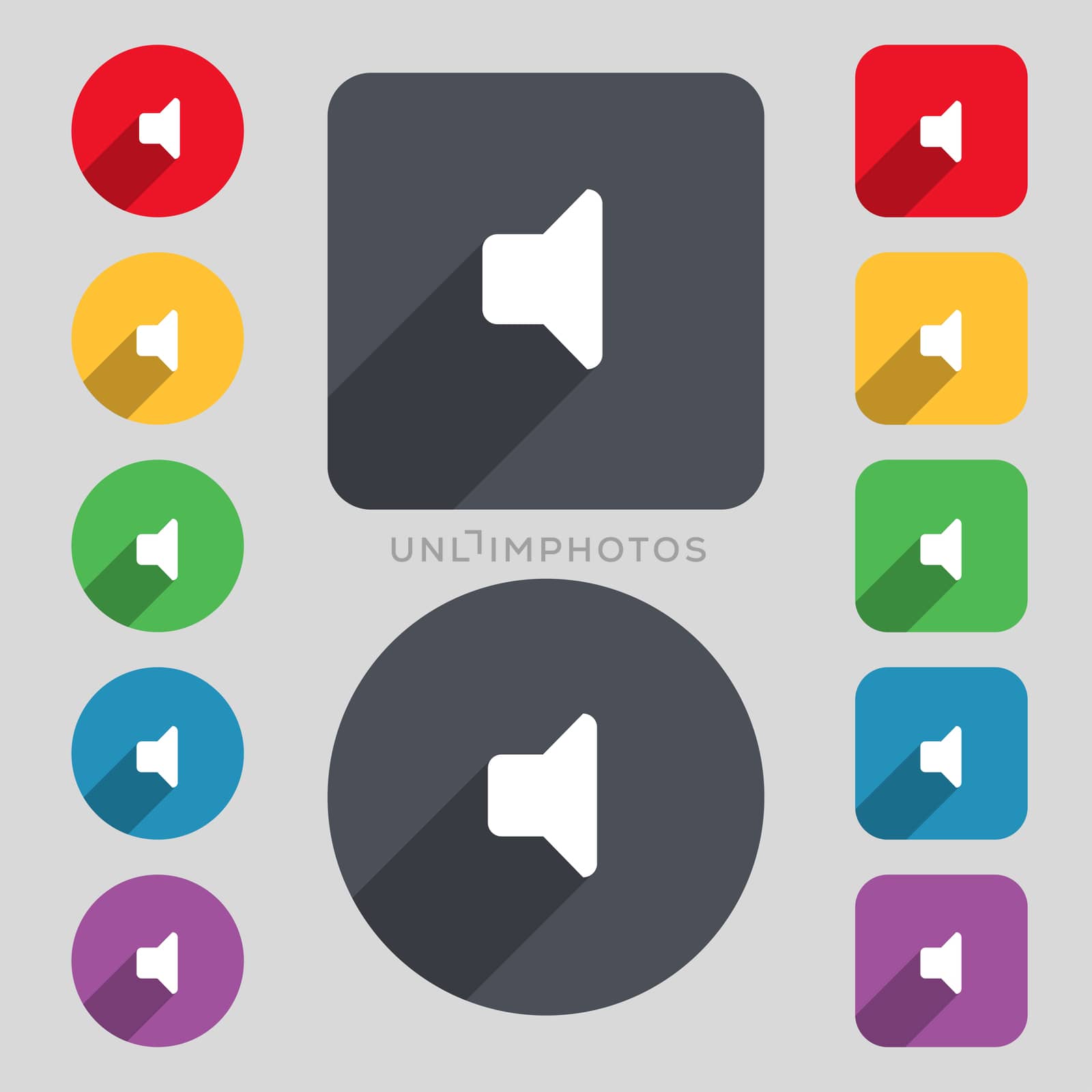 Speaker volume, Sound icon sign. A set of 12 colored buttons and a long shadow. Flat design. illustration