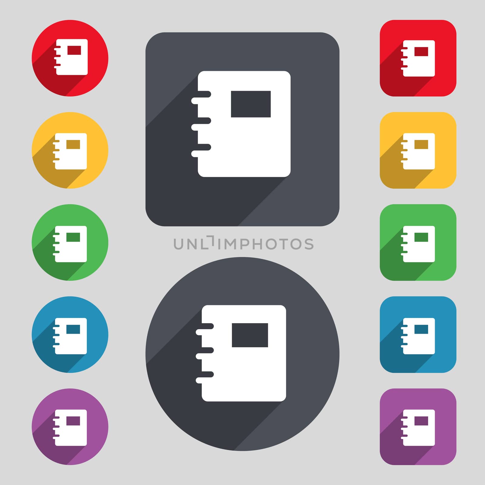 Book icon sign. A set of 12 colored buttons and a long shadow. Flat design.  by serhii_lohvyniuk