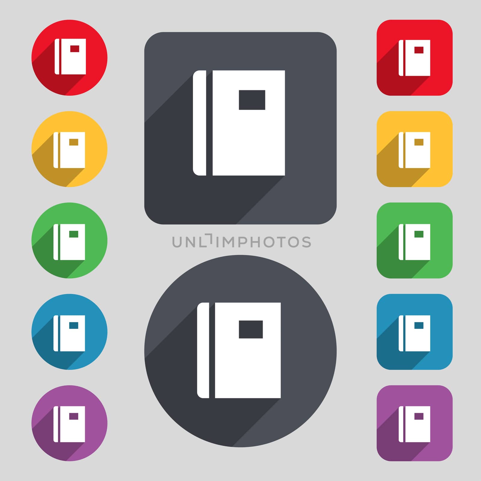 Book icon sign. A set of 12 colored buttons and a long shadow. Flat design. illustration