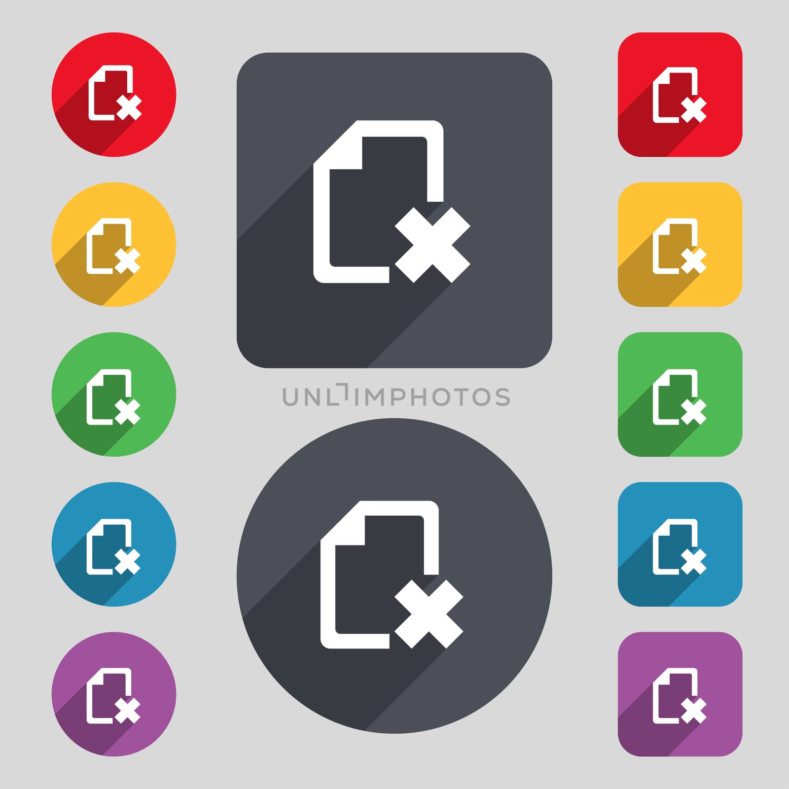 delete File document icon sign. A set of 12 colored buttons and a long shadow. Flat design.  by serhii_lohvyniuk