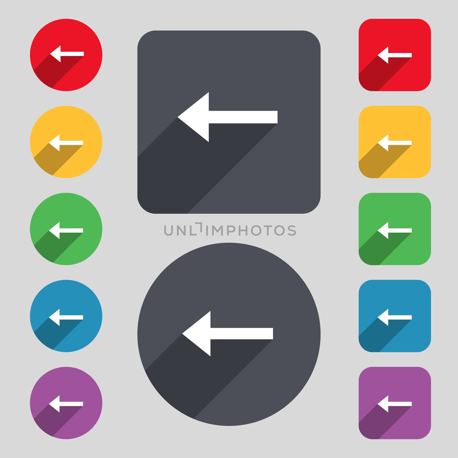 Arrow left, Way out icon sign. A set of 12 colored buttons and a long shadow. Flat design.  by serhii_lohvyniuk