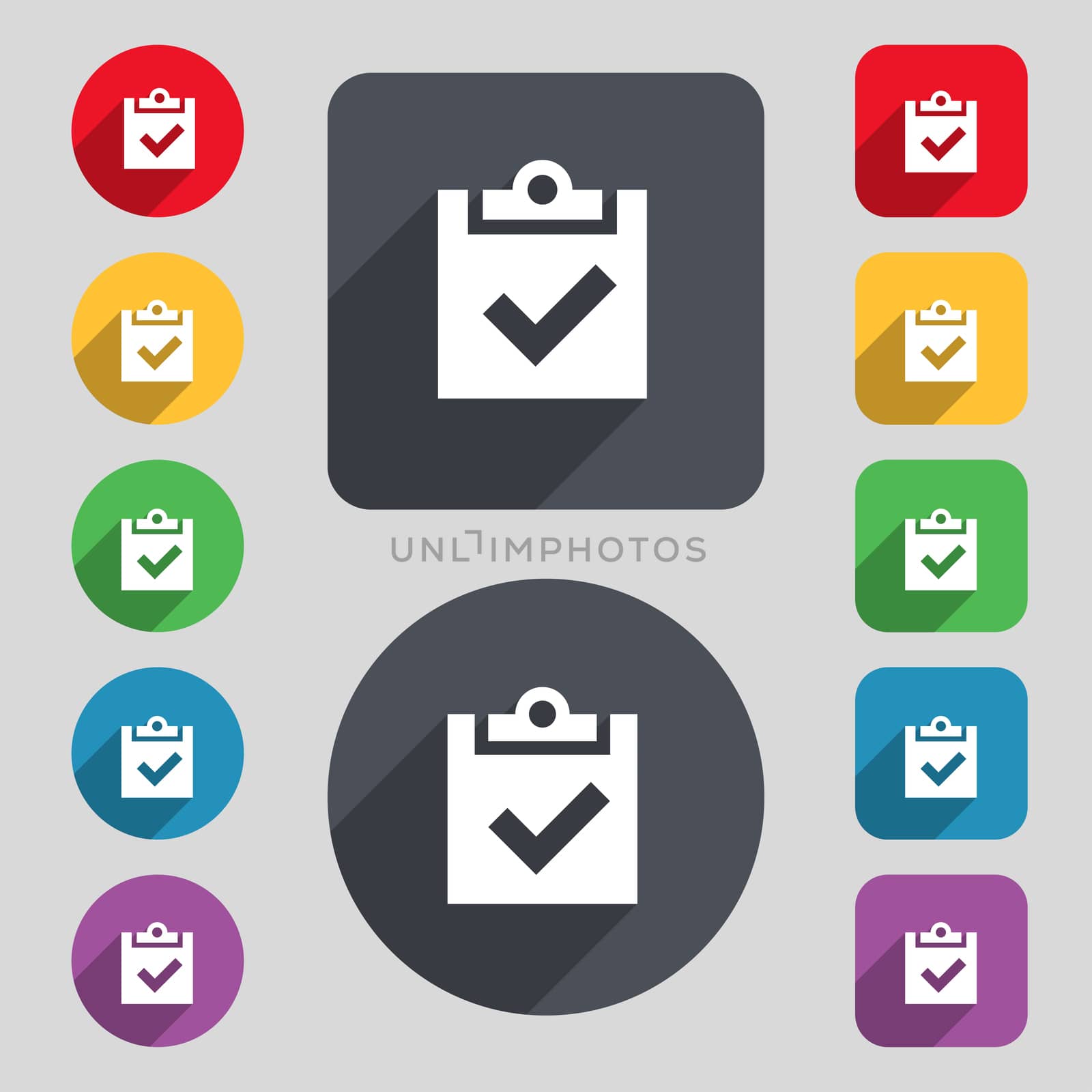 Check mark, tik icon sign. A set of 12 colored buttons and a long shadow. Flat design.  by serhii_lohvyniuk