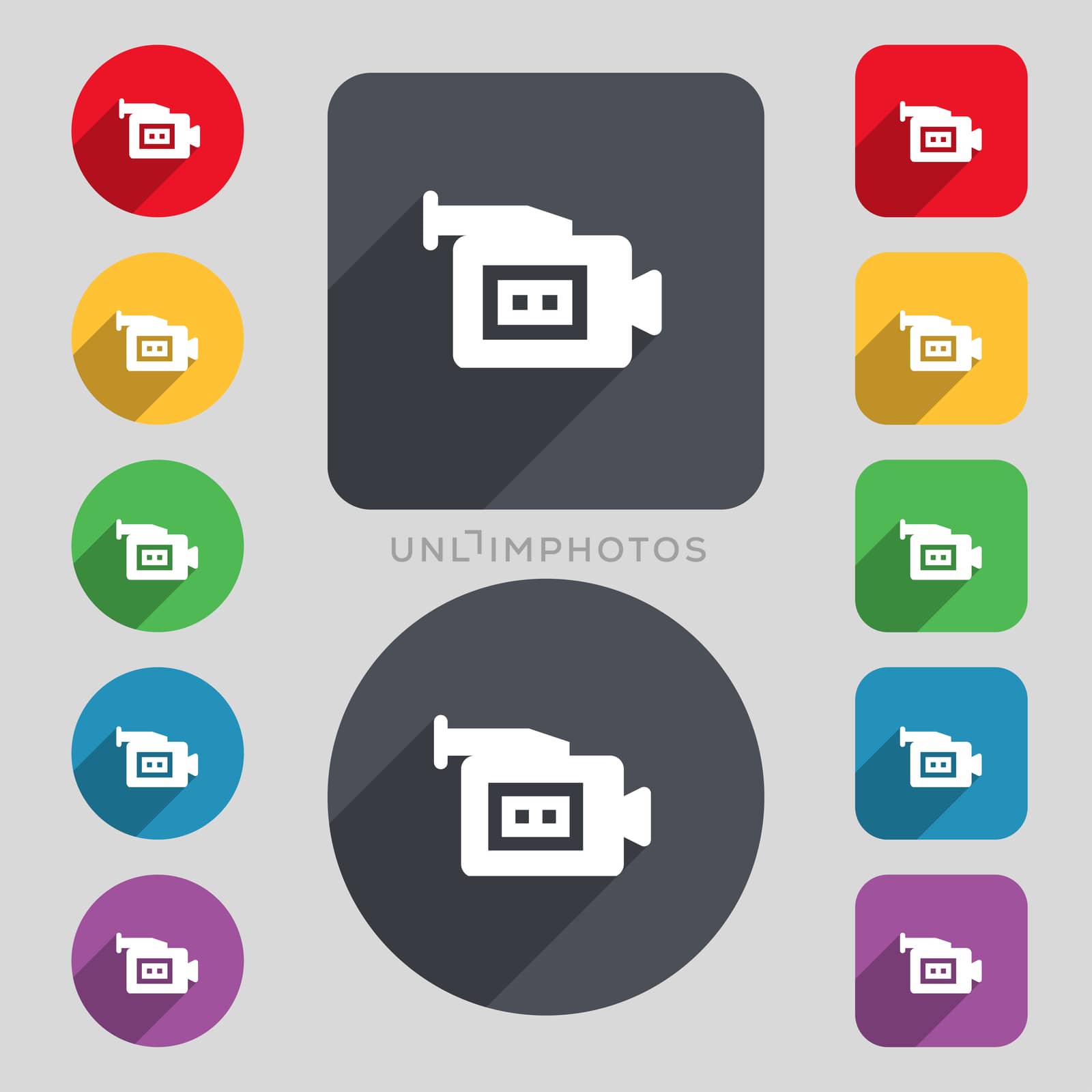 video camera icon sign. A set of 12 colored buttons and a long shadow. Flat design. illustration