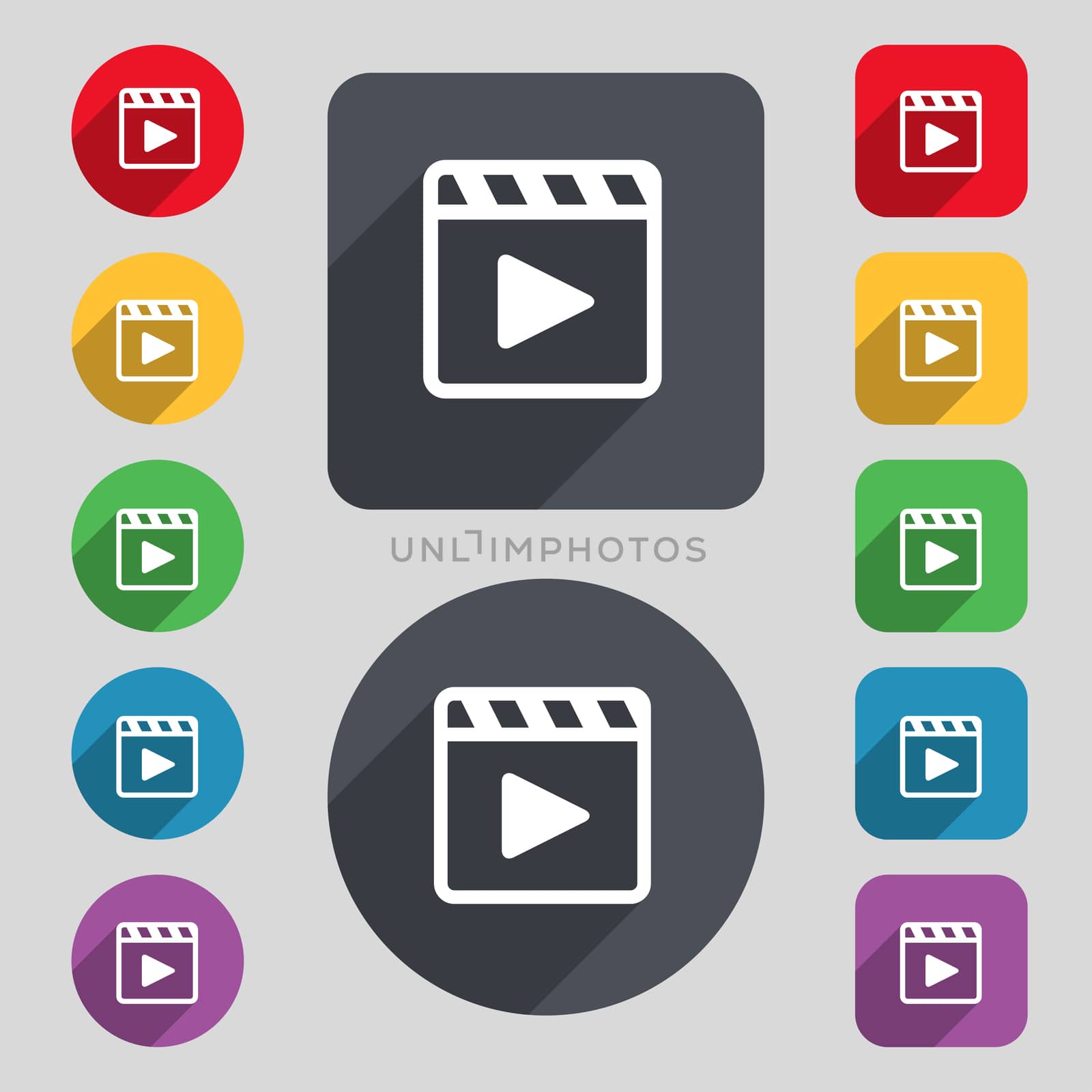 Play video icon sign. A set of 12 colored buttons and a long shadow. Flat design. illustration