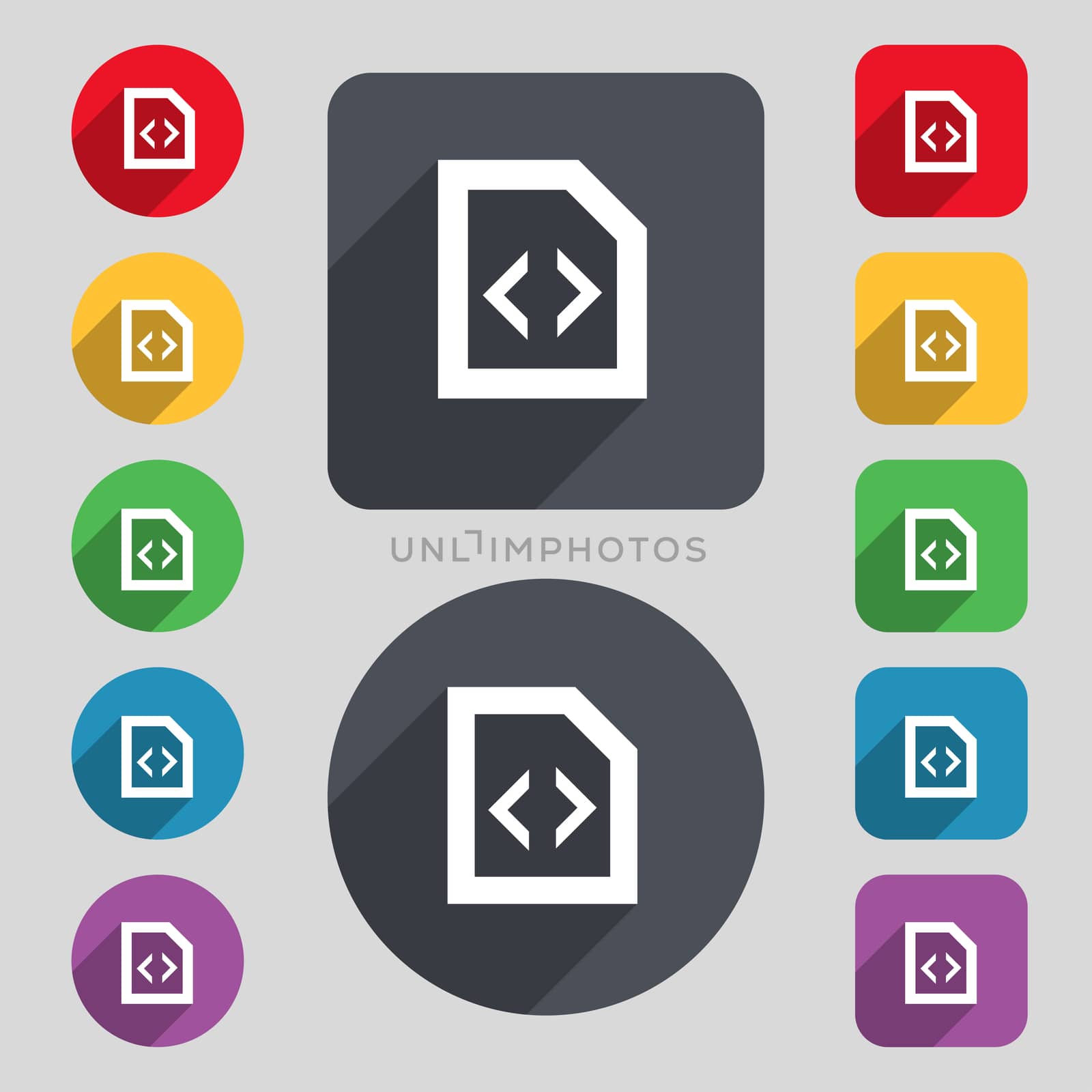 Programming code icon sign. A set of 12 colored buttons and a long shadow. Flat design.  by serhii_lohvyniuk