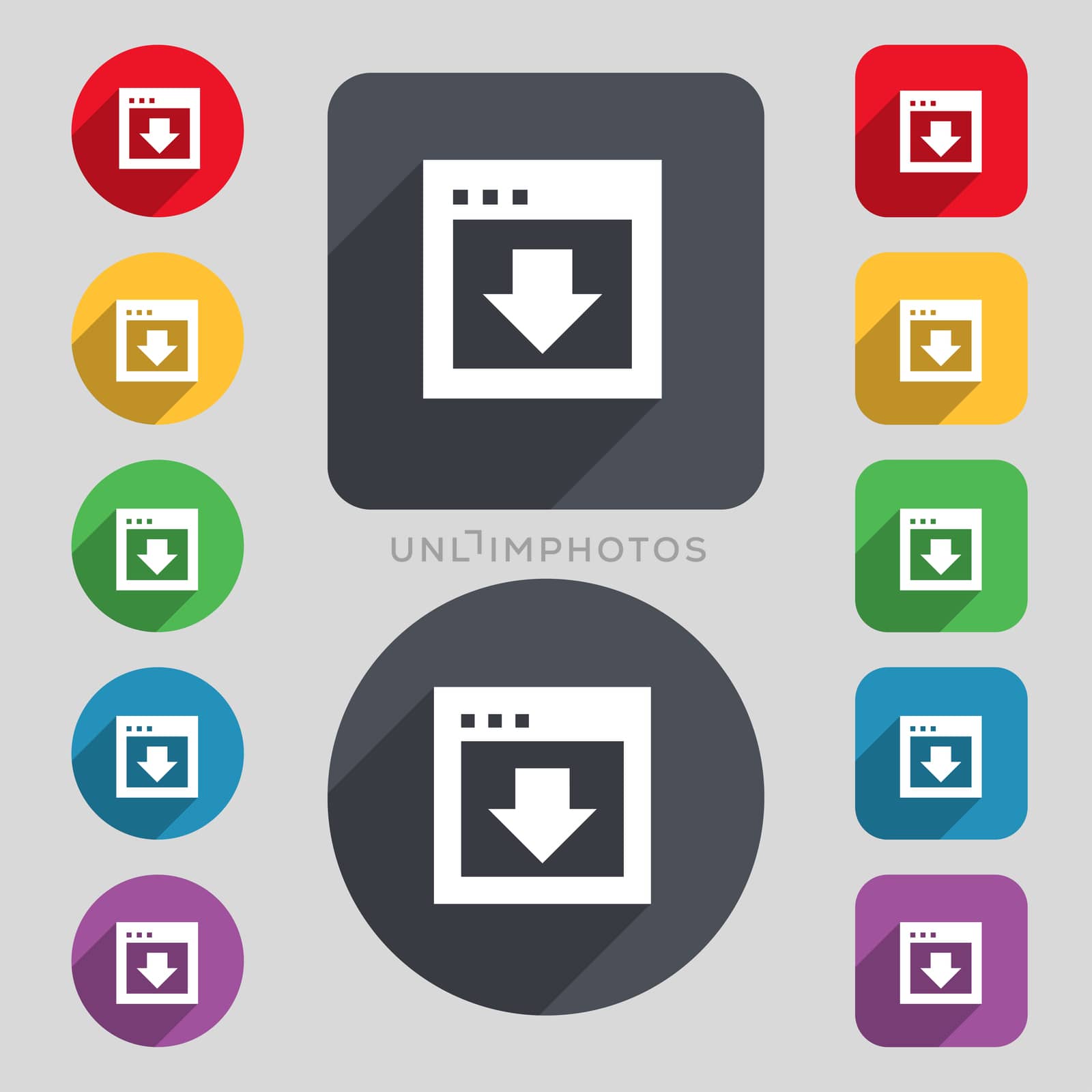 Arrow down, Download, Load, Backup icon sign. A set of 12 colored buttons and a long shadow. Flat design.  by serhii_lohvyniuk