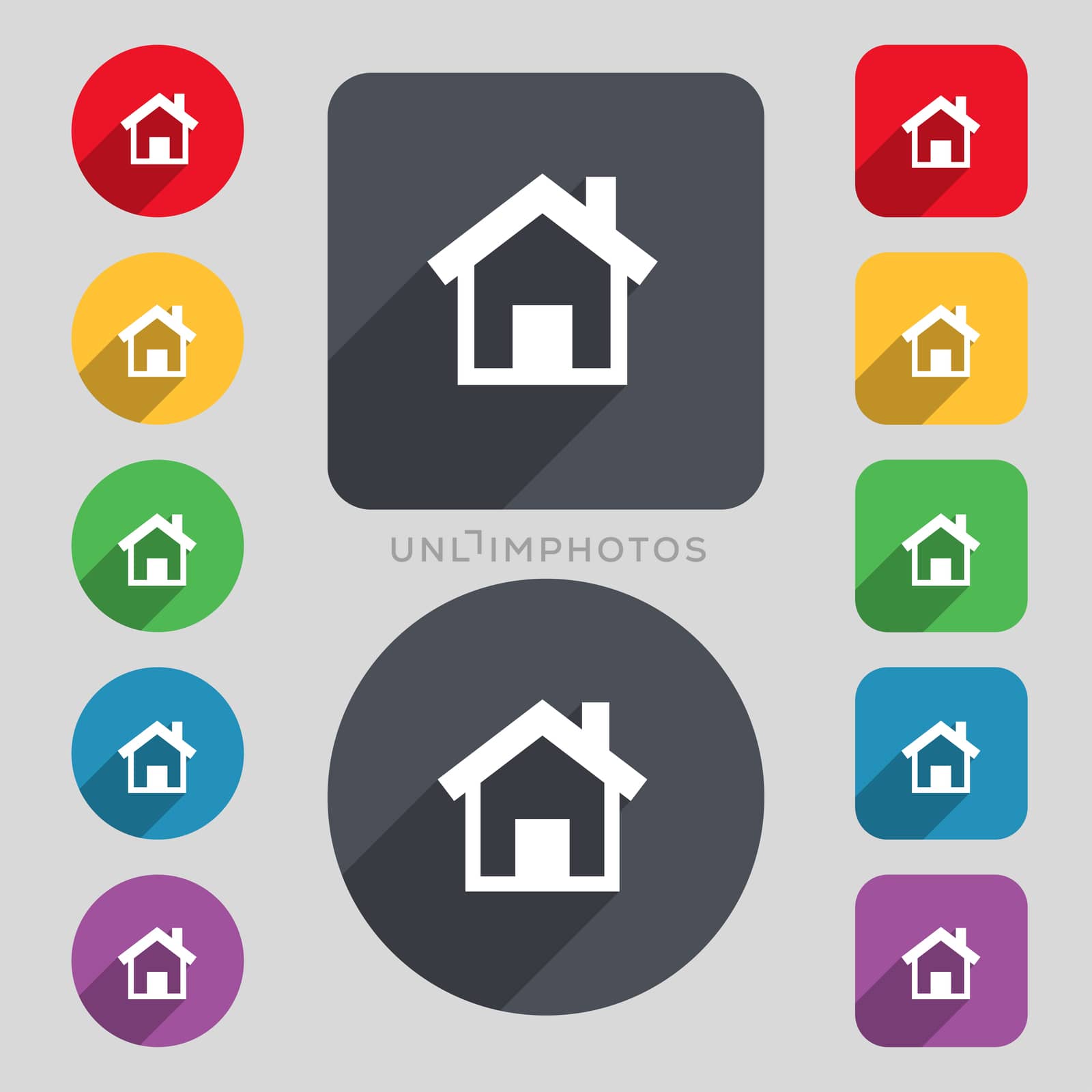 Home, Main page icon sign. A set of 12 colored buttons and a long shadow. Flat design. illustration