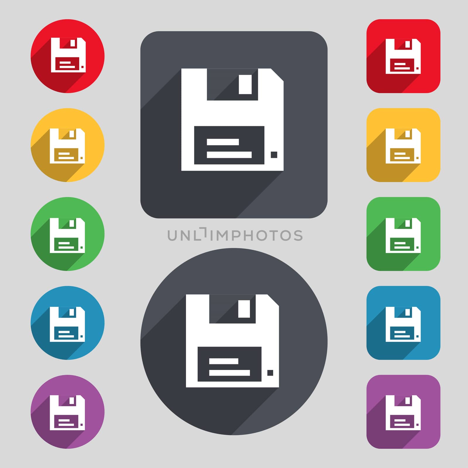 floppy icon sign. A set of 12 colored buttons and a long shadow. Flat design.  by serhii_lohvyniuk