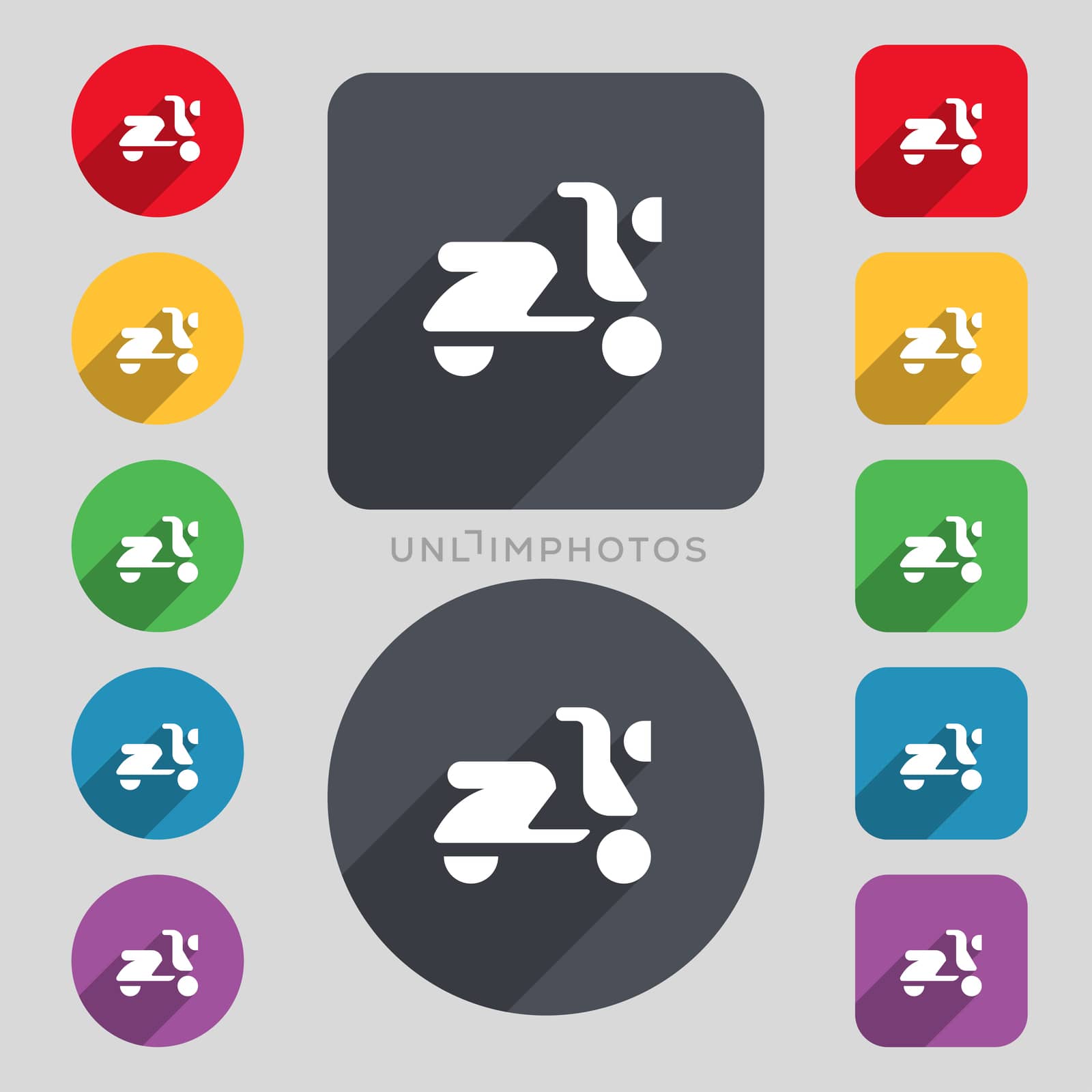 Scooter, bike icon sign. A set of 12 colored buttons and a long shadow. Flat design.  by serhii_lohvyniuk