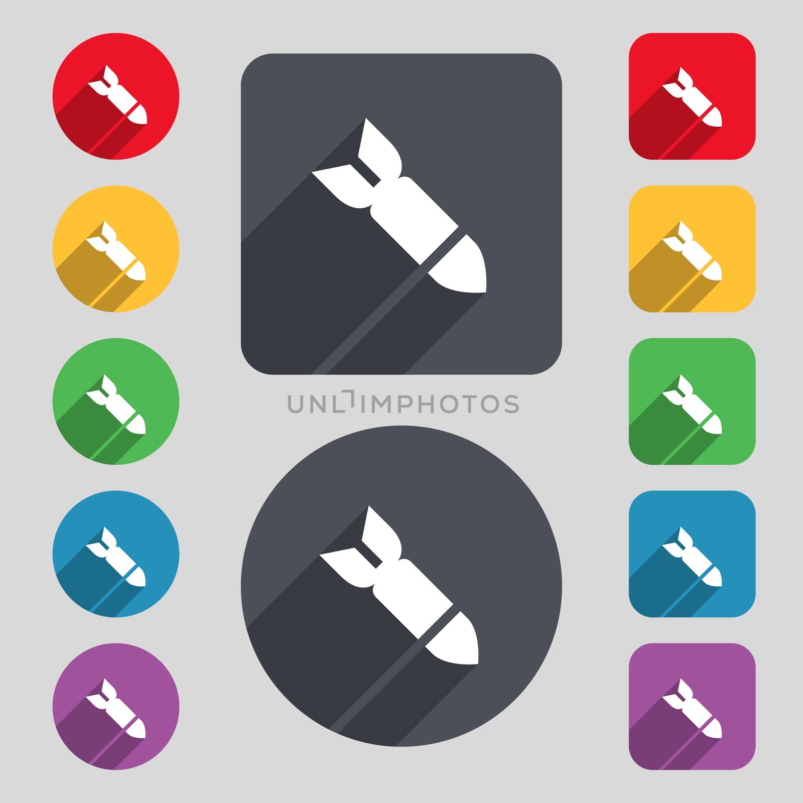 Missile,Rocket weapon icon sign. A set of 12 colored buttons and a long shadow. Flat design.  by serhii_lohvyniuk
