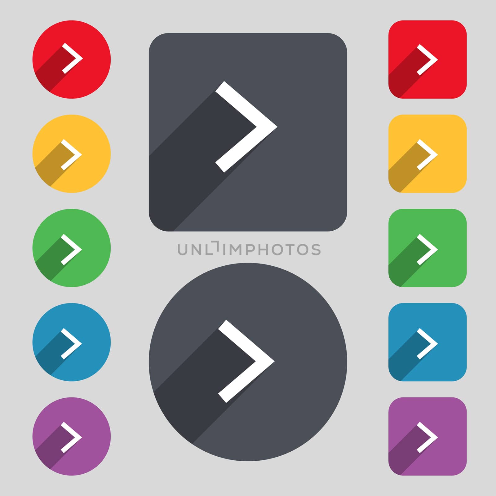 Arrow right, Next icon sign. A set of 12 colored buttons and a long shadow. Flat design. illustration